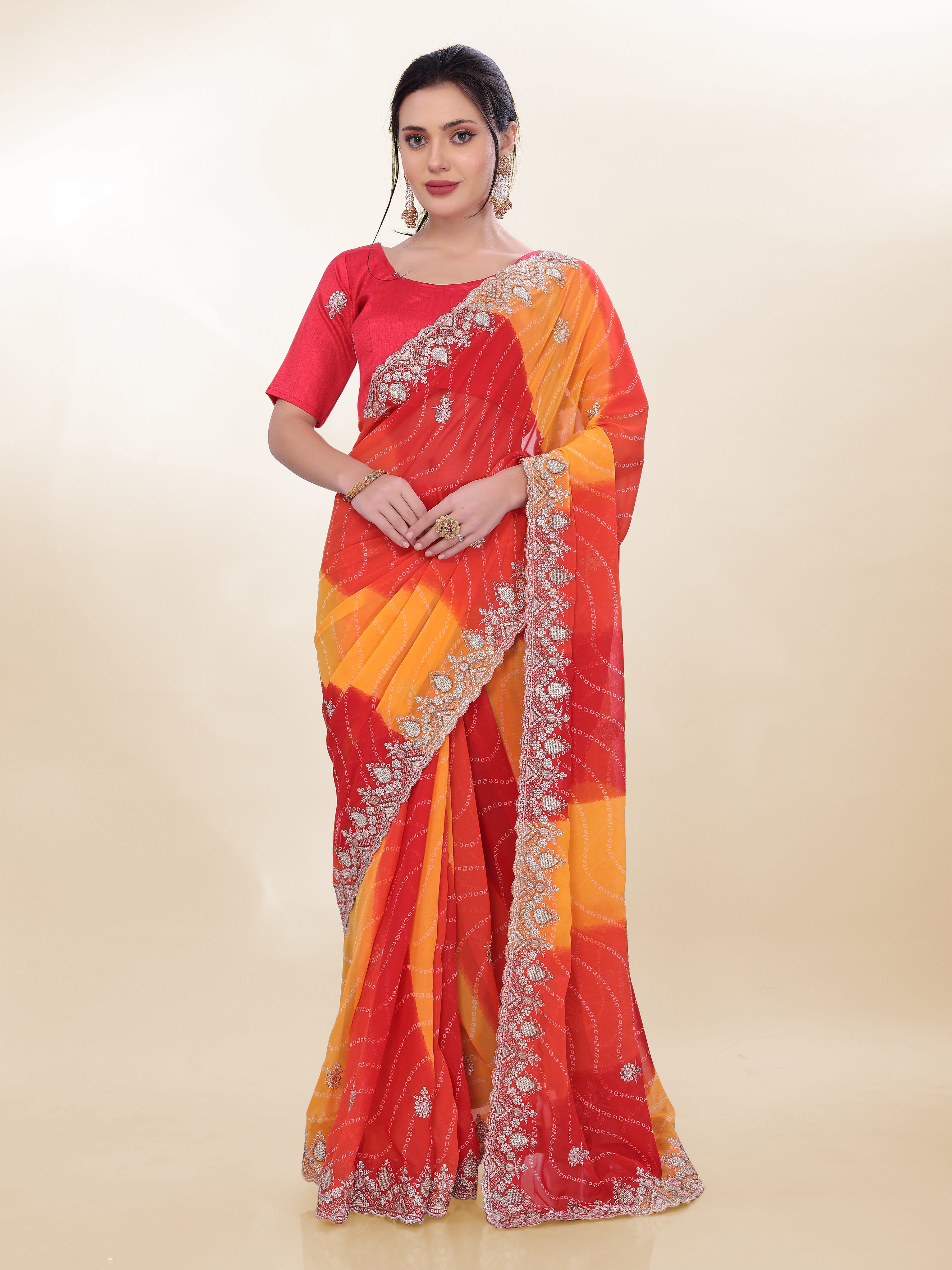 Orange Beautiful Georgette Bandhej Printed Festive Saree