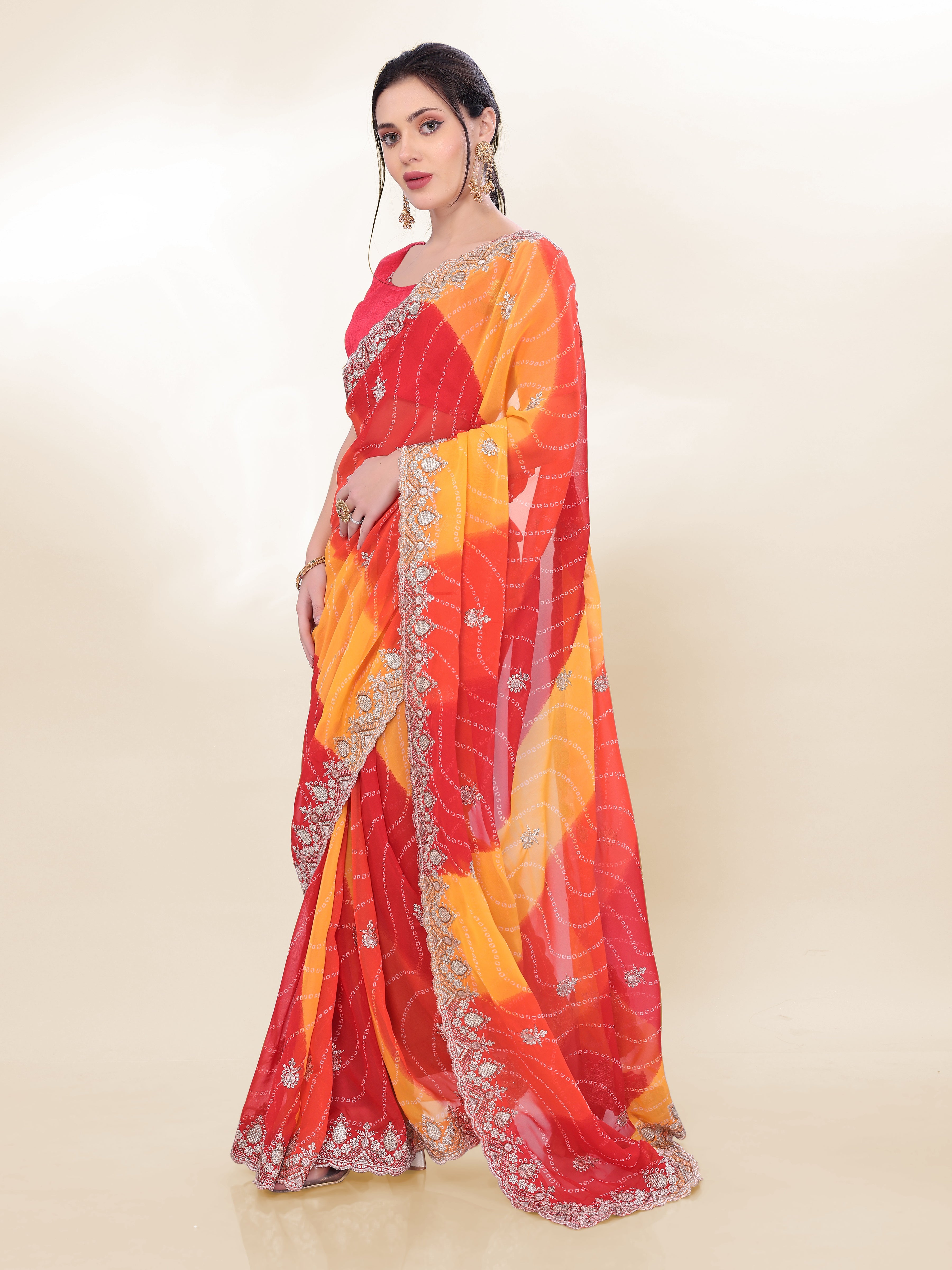 Orange Beautiful Georgette Bandhej Printed Festive Saree