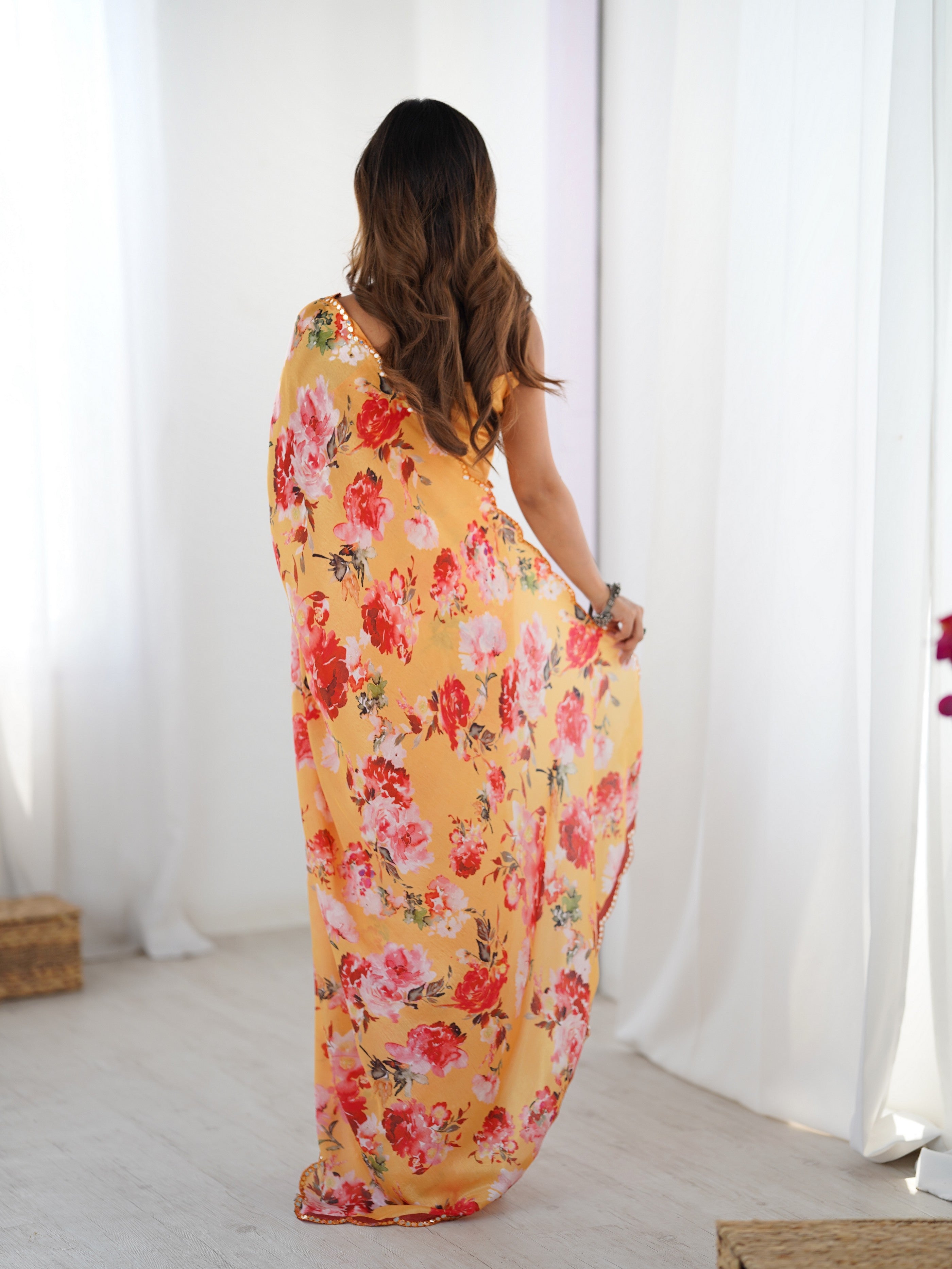 Orange Beautiful Printed Chinon Saree With Stylish Border For Girlie Looks