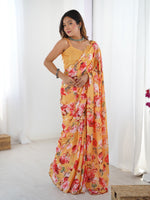 Orange Beautiful Printed Chinon Saree With Stylish Border For Girlie Looks