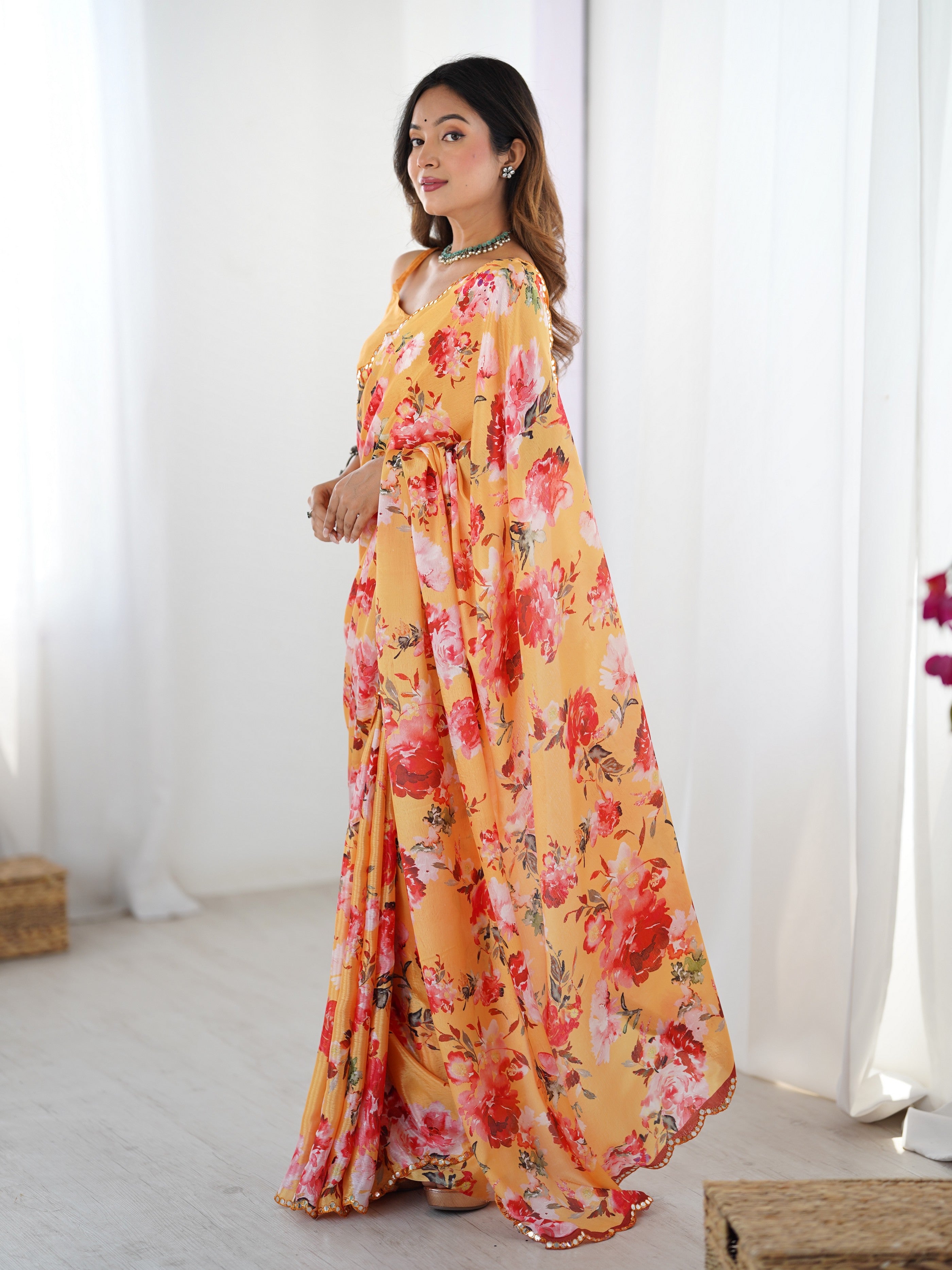 Orange Beautiful Printed Chinon Saree With Stylish Border For Girlie Looks