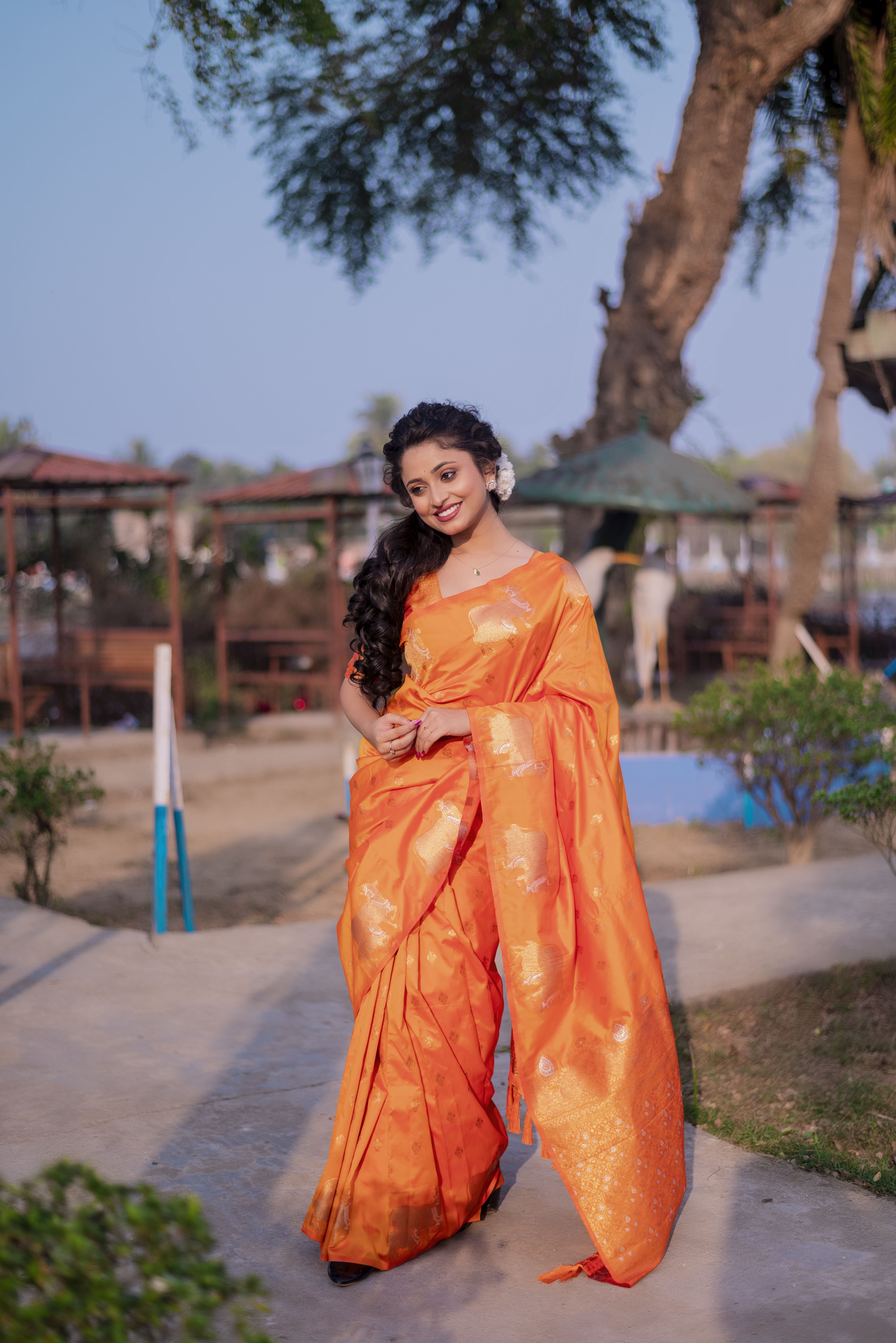 Orange Beautiful Woven Jari Nandi Designer Moonga Silk Saree