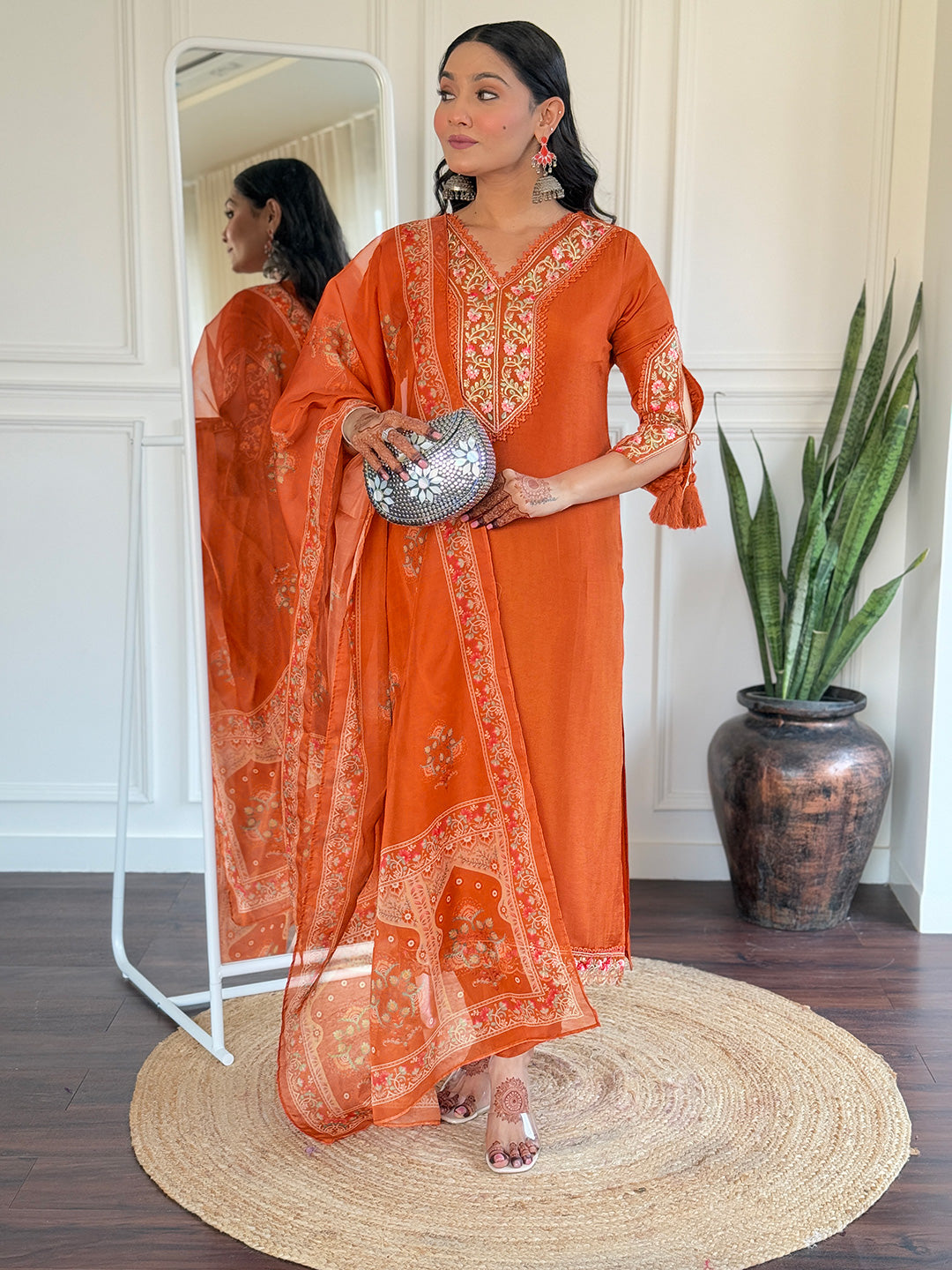 Orange Bsy Viscose Elegant Kurta Pant Set With Thread Work