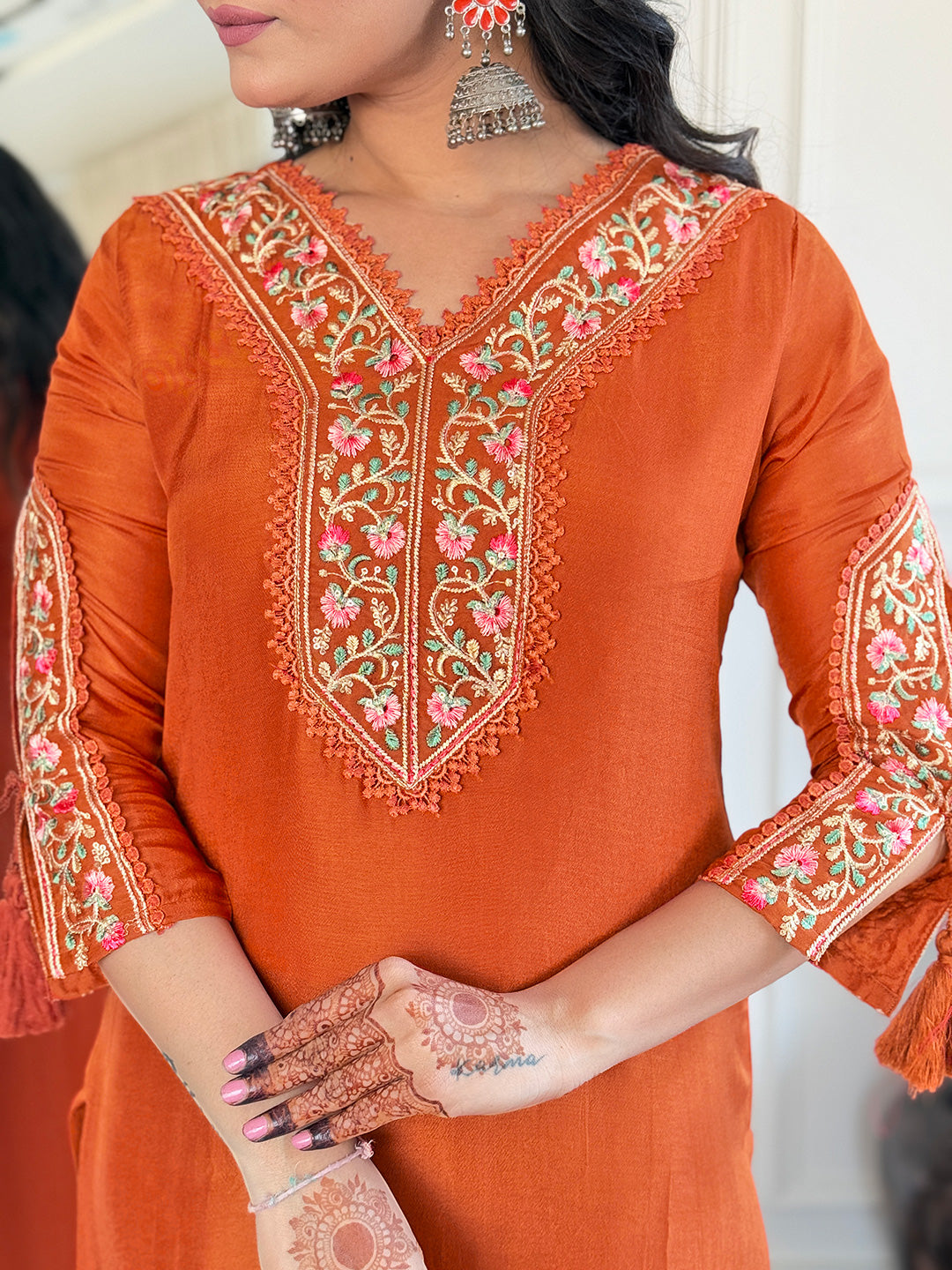 Orange Bsy Viscose Elegant Kurta Pant Set With Thread Work
