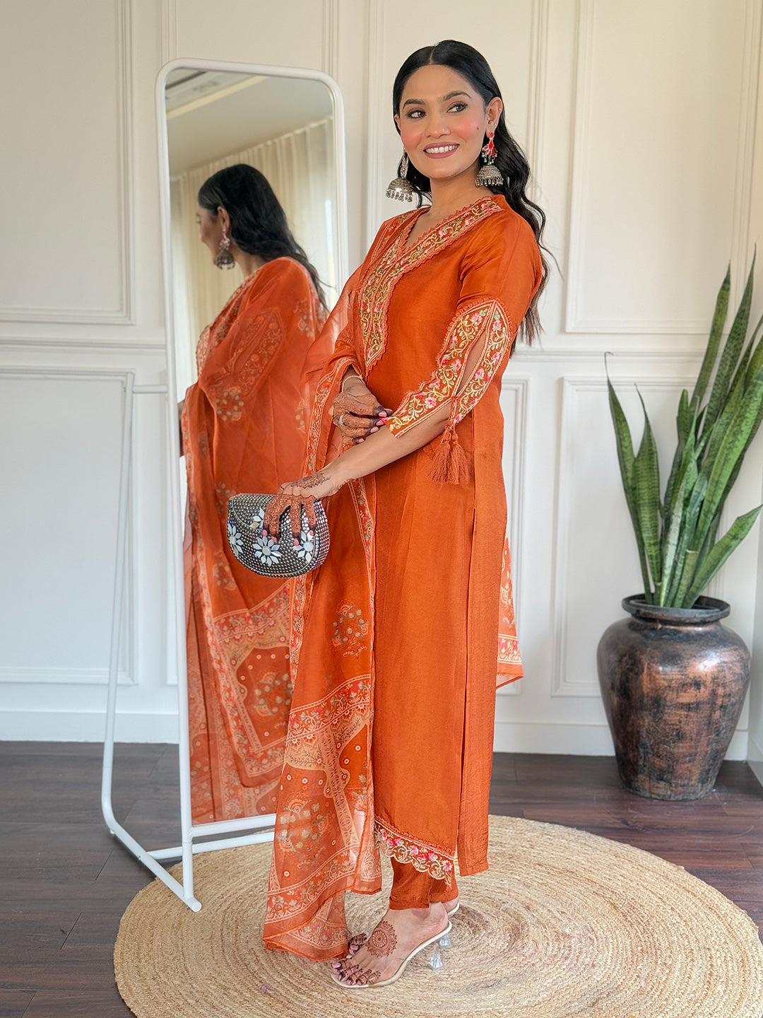 Orange Bsy Viscose Elegant Kurta Pant Set With Thread Work