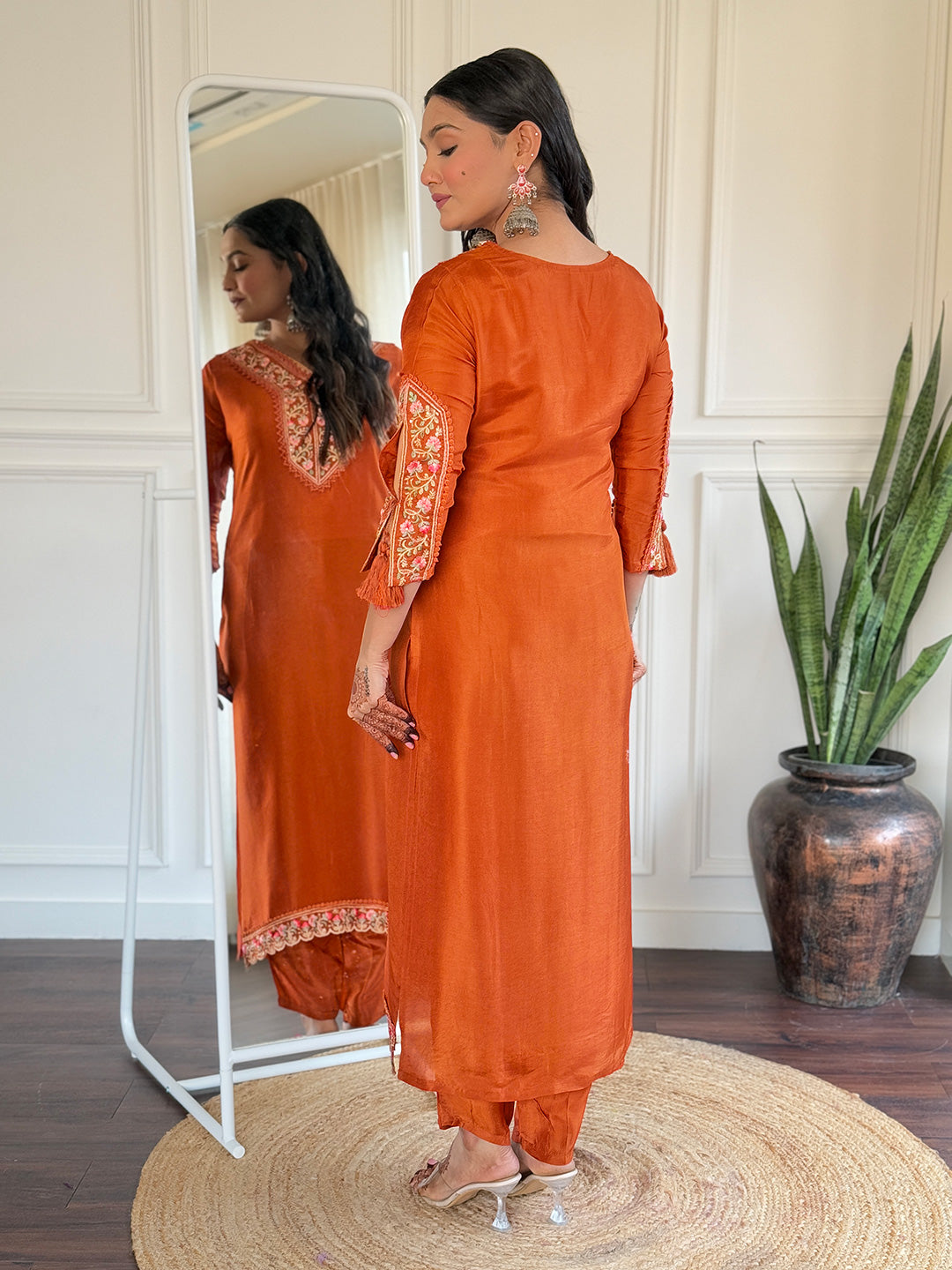 Orange Bsy Viscose Elegant Kurta Pant Set With Thread Work