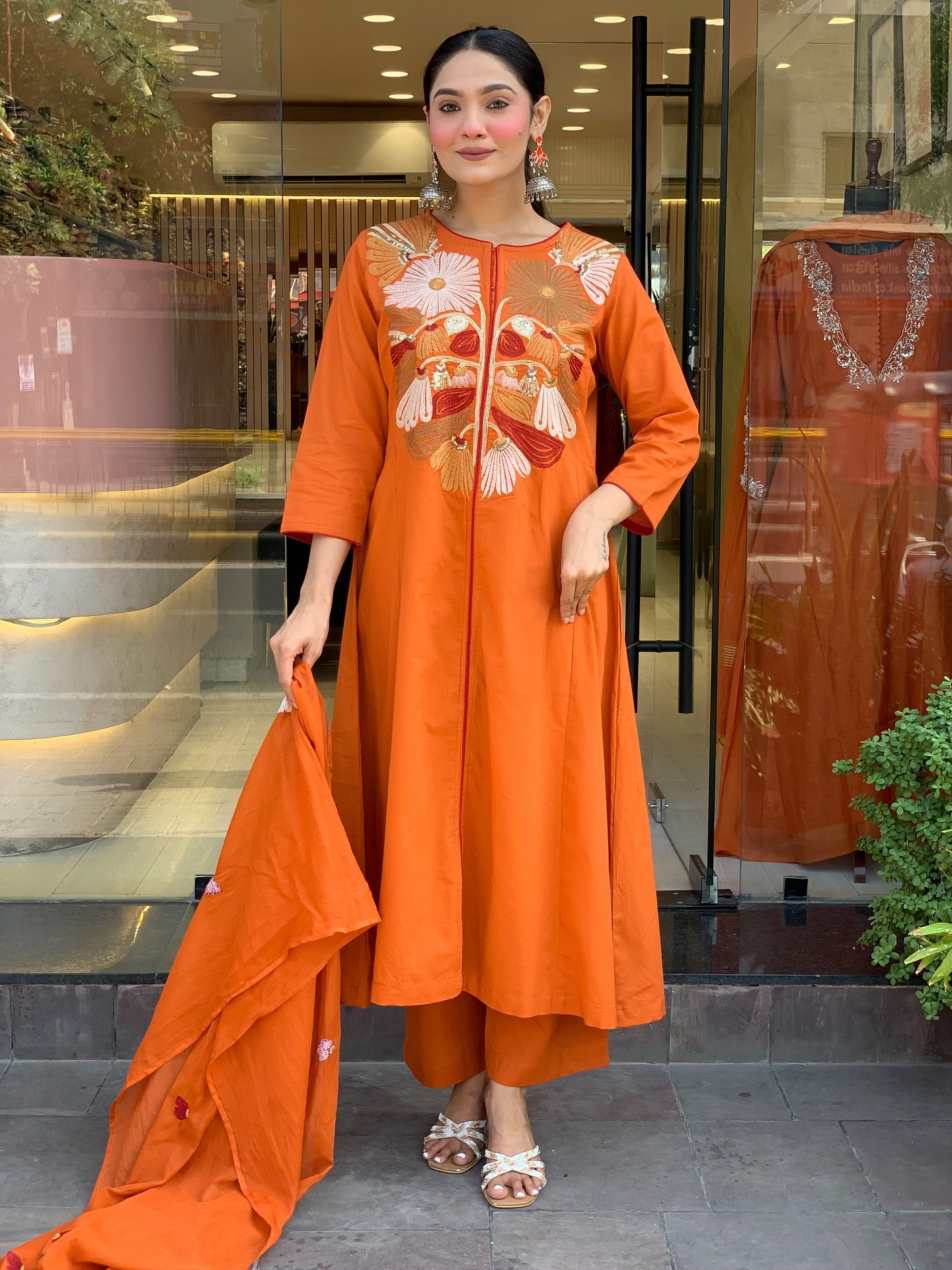 Orange Chanderi Silk Kurta Pant Set With Heavy Thread Embroidery Work