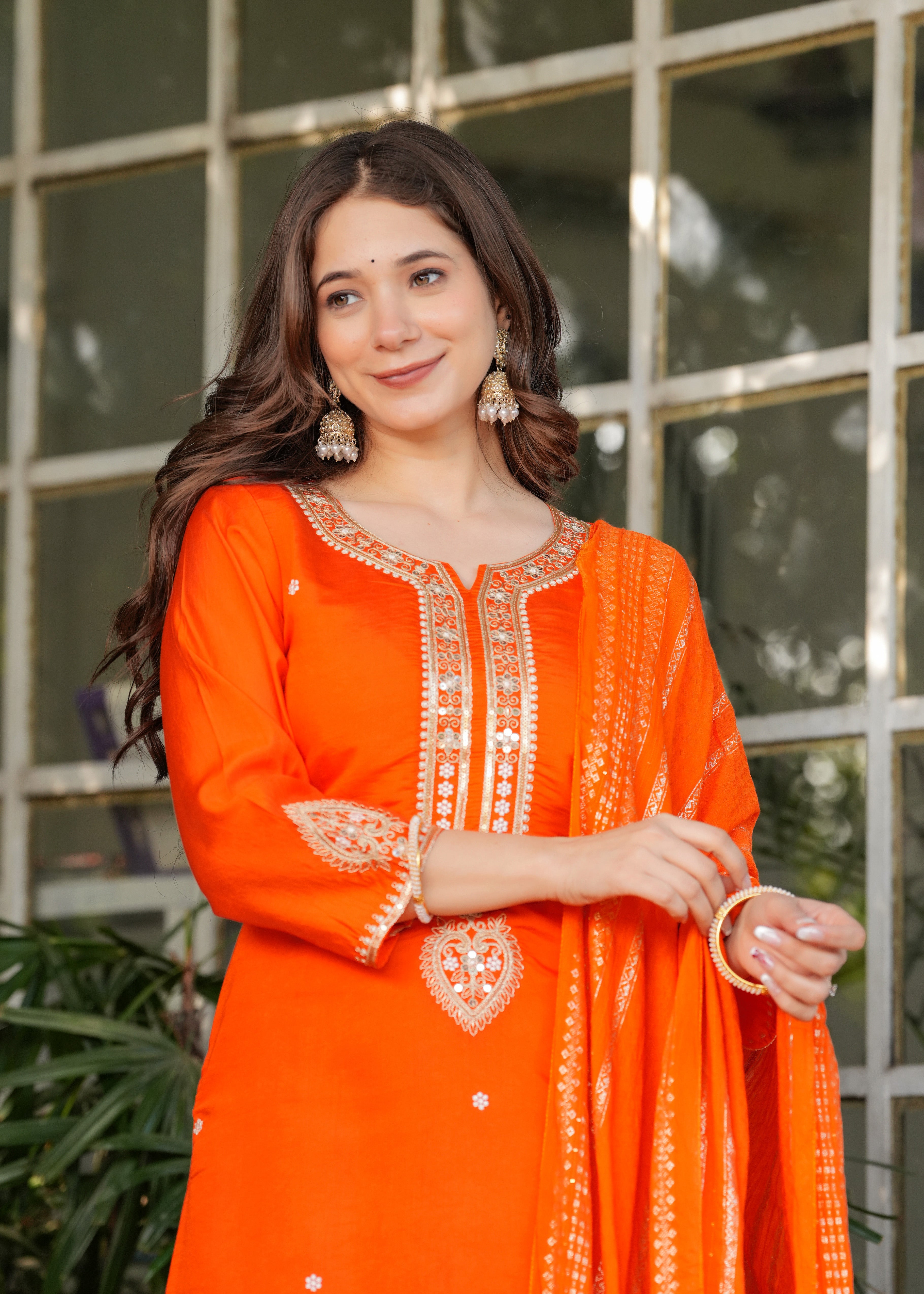 Orange Chanderi Viscose Elegant Kurta Pant Set With Embroidery Work