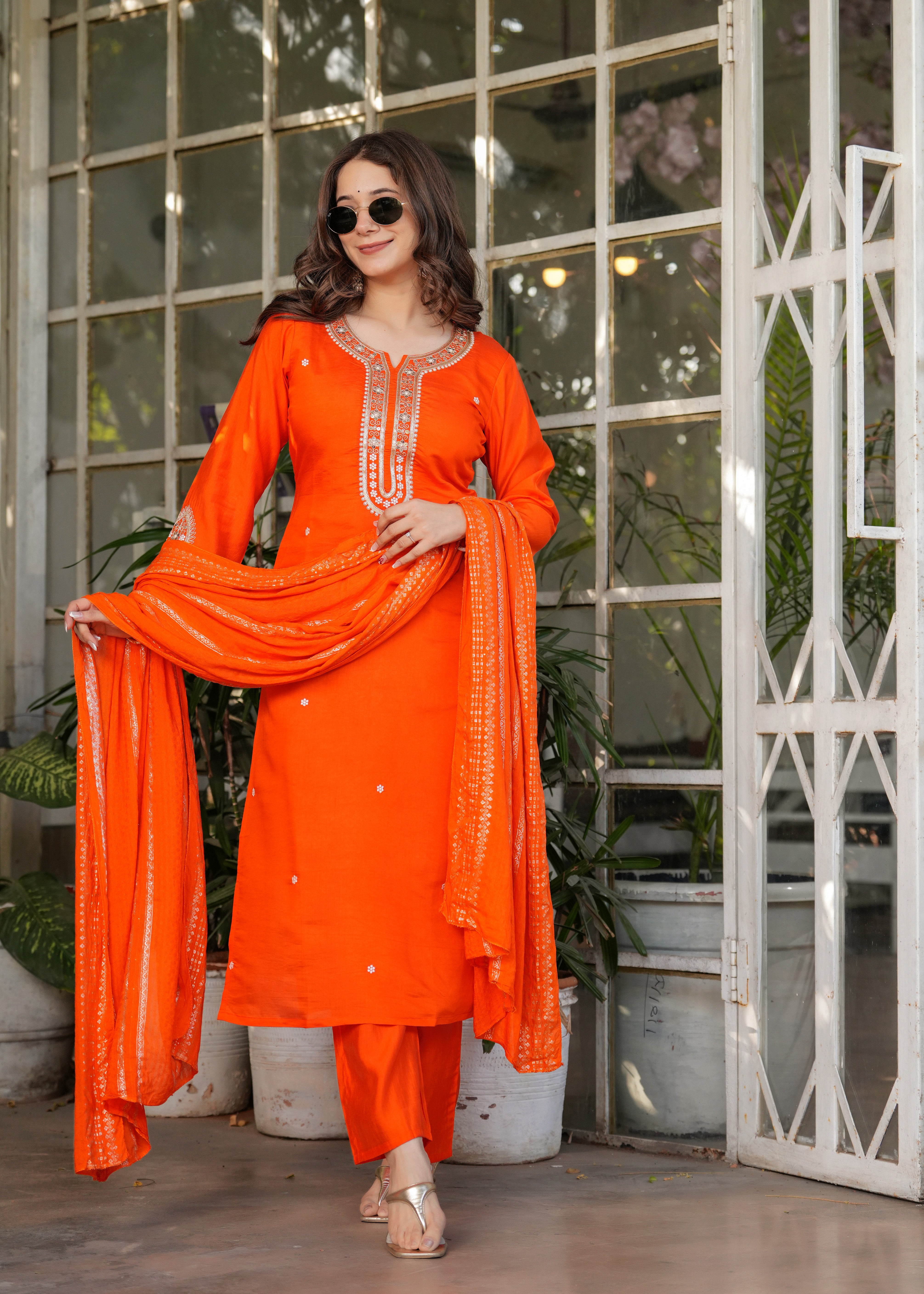 Orange Chanderi Viscose Elegant Kurta Pant Set With Embroidery Work