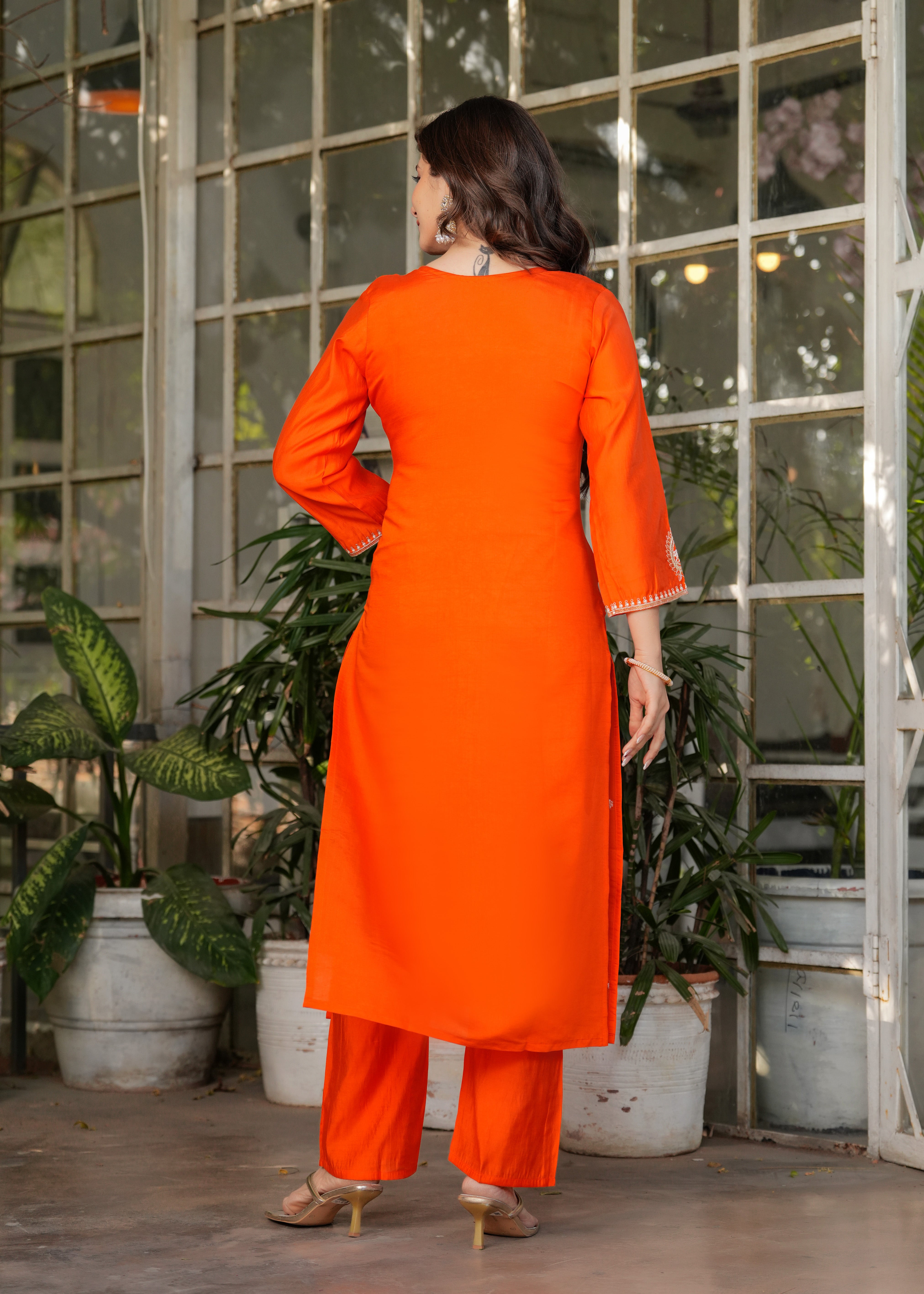 Orange Chanderi Viscose Elegant Kurta Pant Set With Embroidery Work