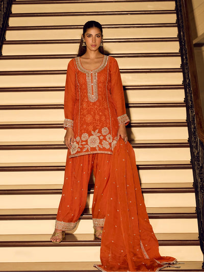 Orange Chinon Designer Suit Set With Elegant Embroidery