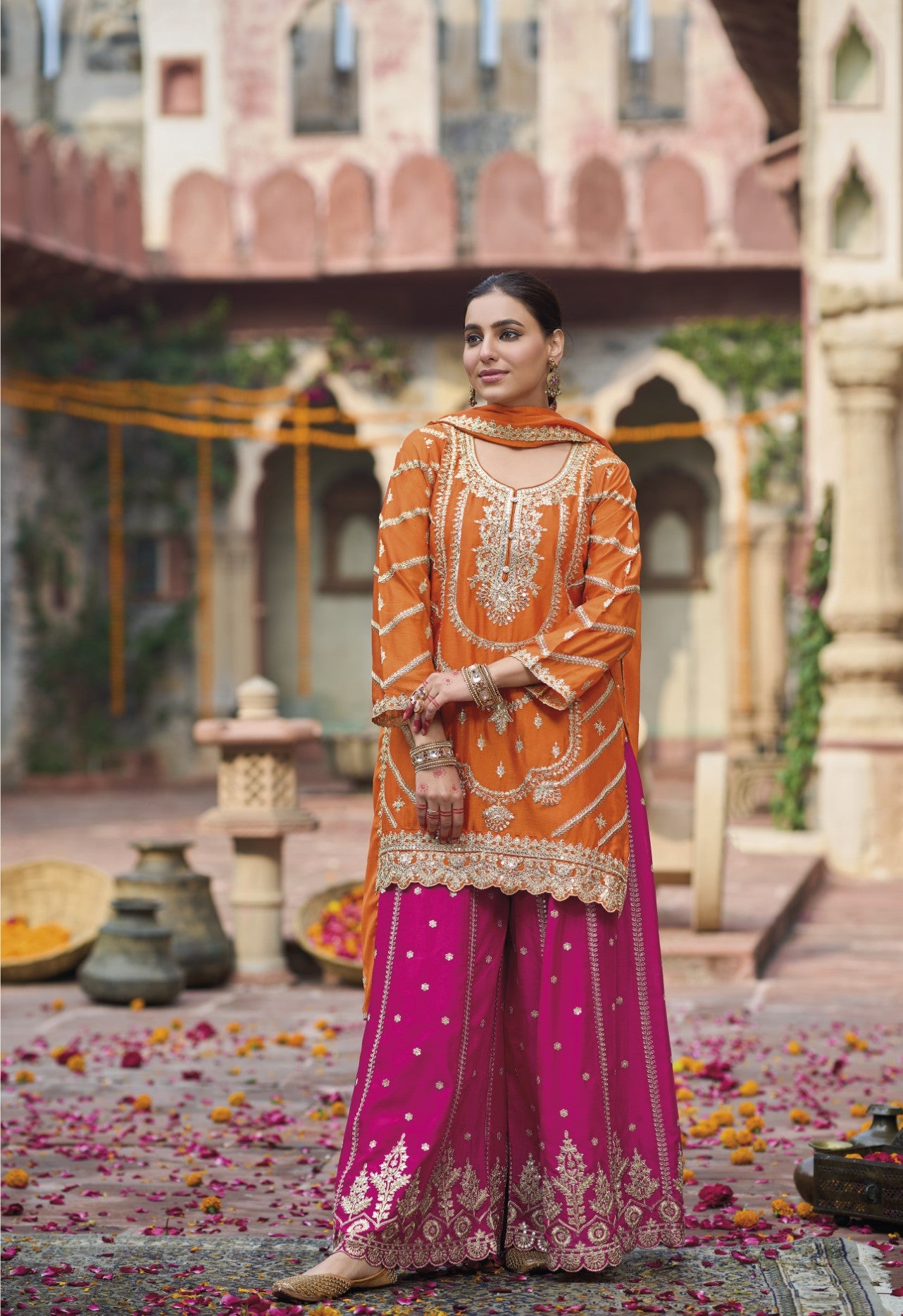 Orange Chinon Designer Suit Set With Elegant Embroidery