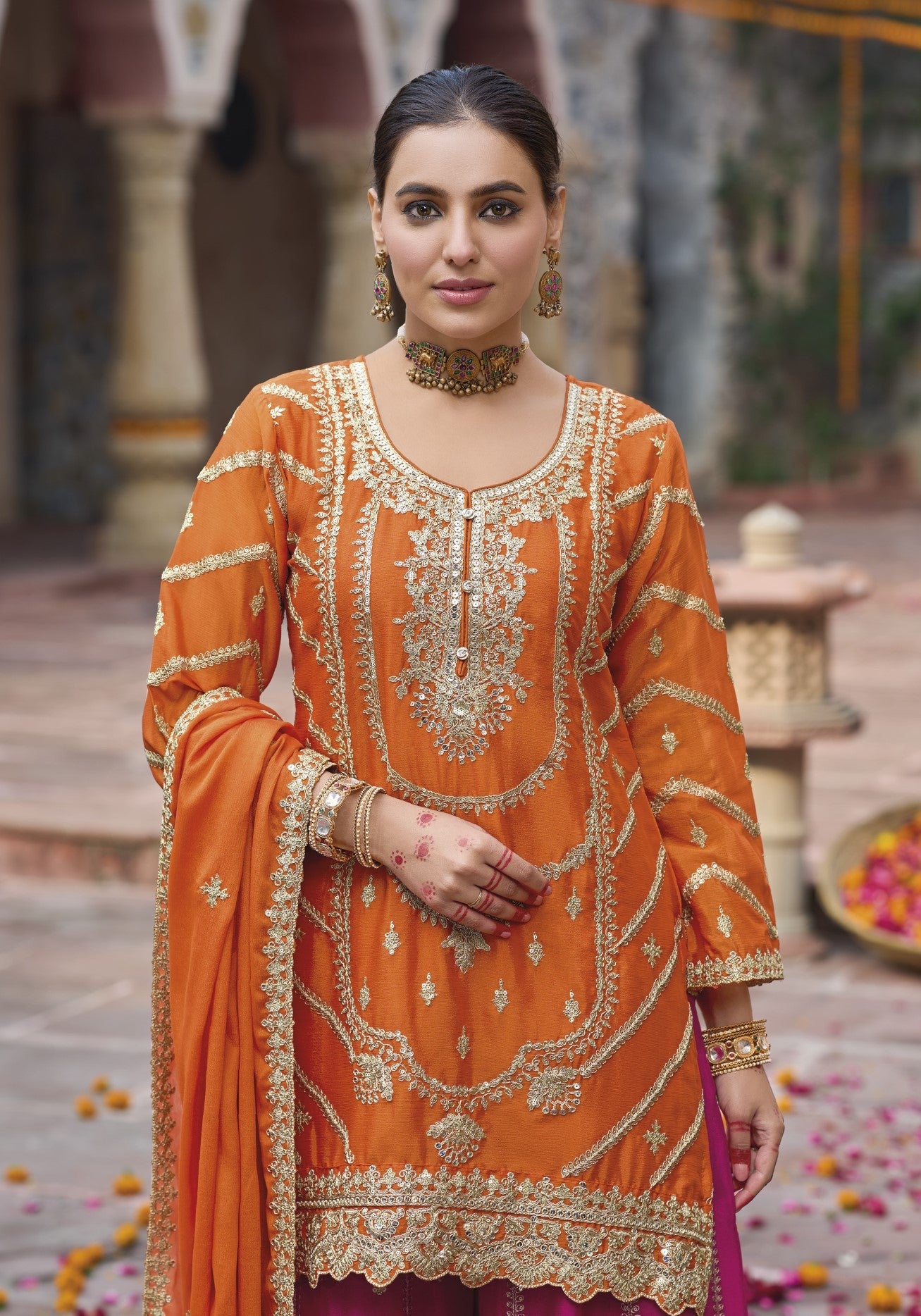 Orange Chinon Designer Suit Set With Elegant Embroidery