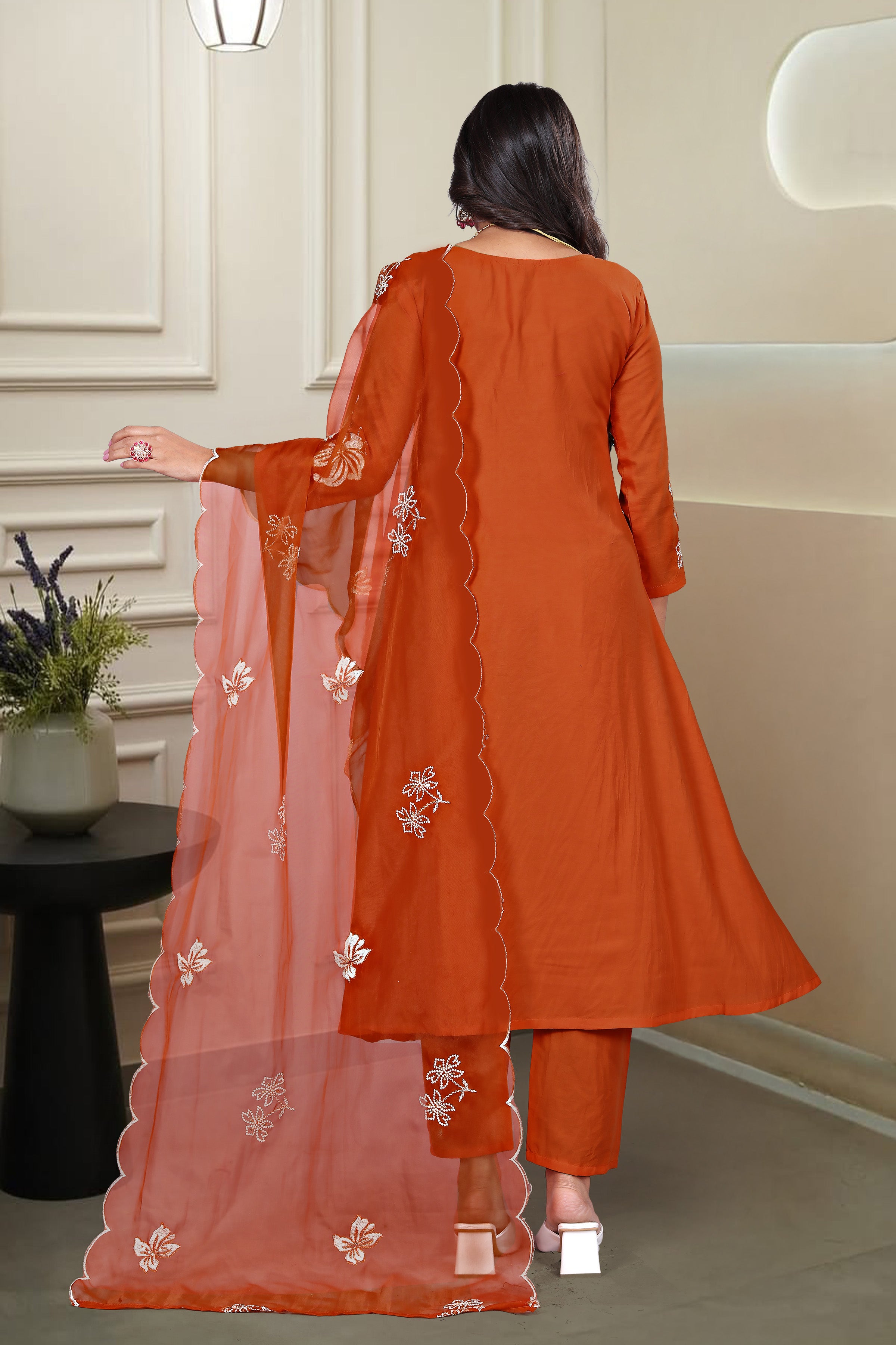 Orange Chinon Kurta Pant Set With Heavy Thread Embroidery Work