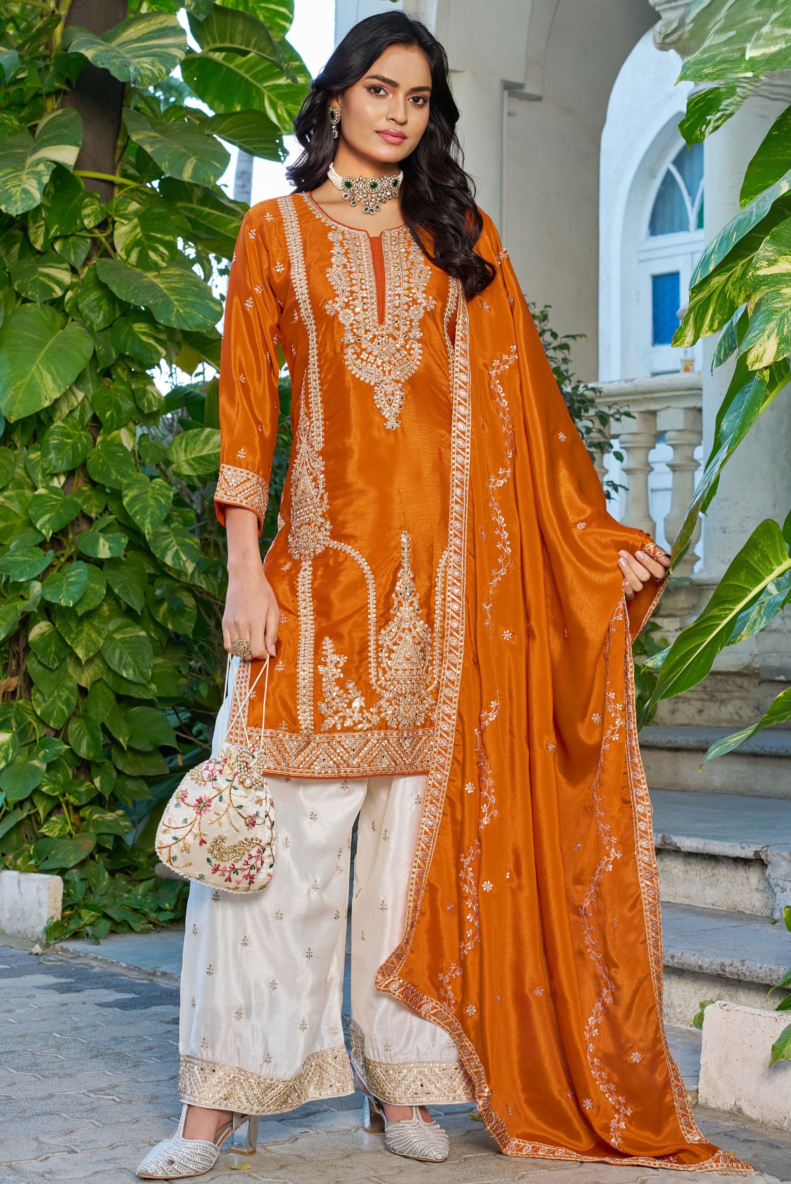 Orange Chinon Palazzo Suit With Sequin Embroidery