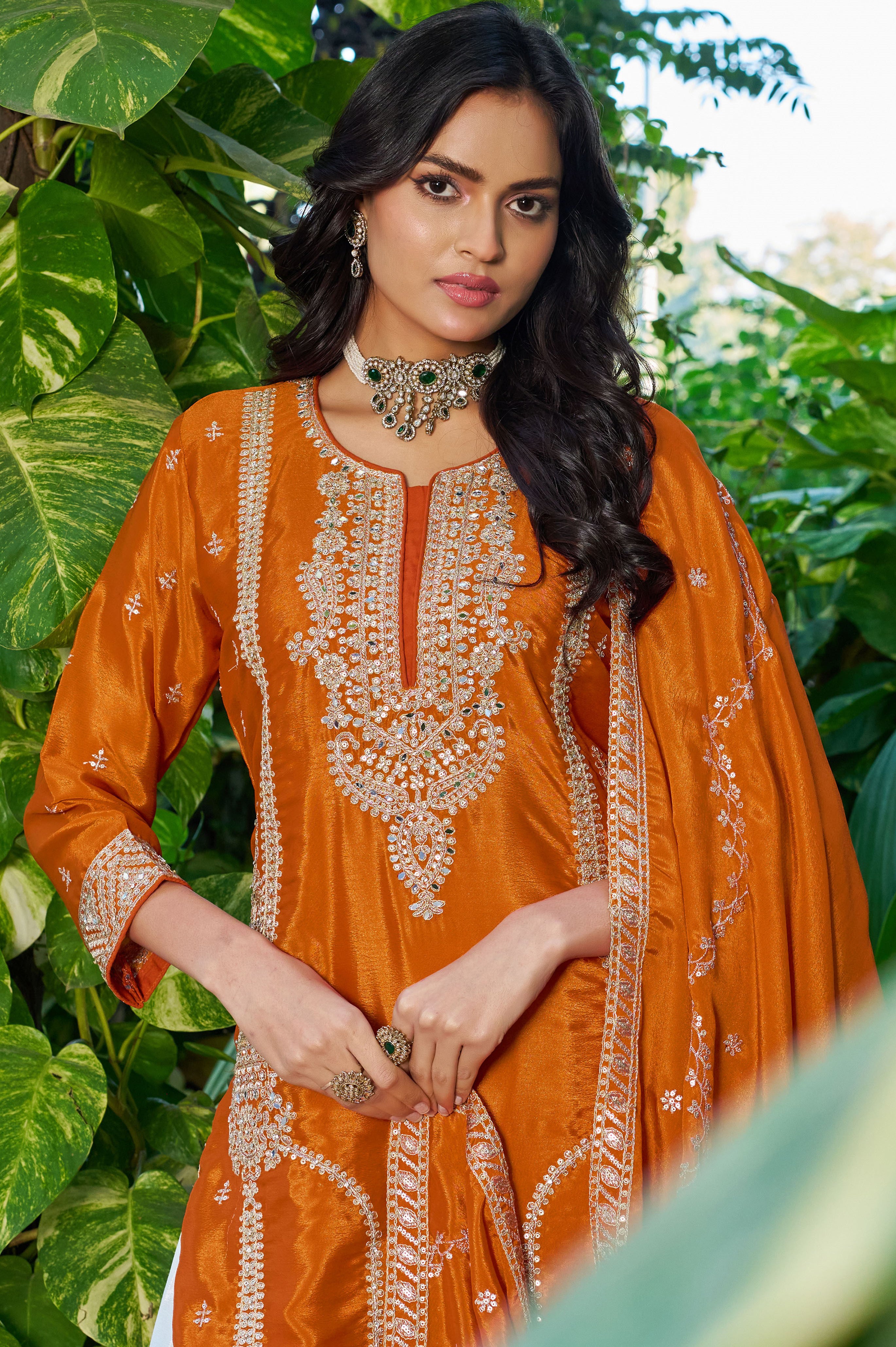 Orange Chinon Palazzo Suit With Sequin Embroidery