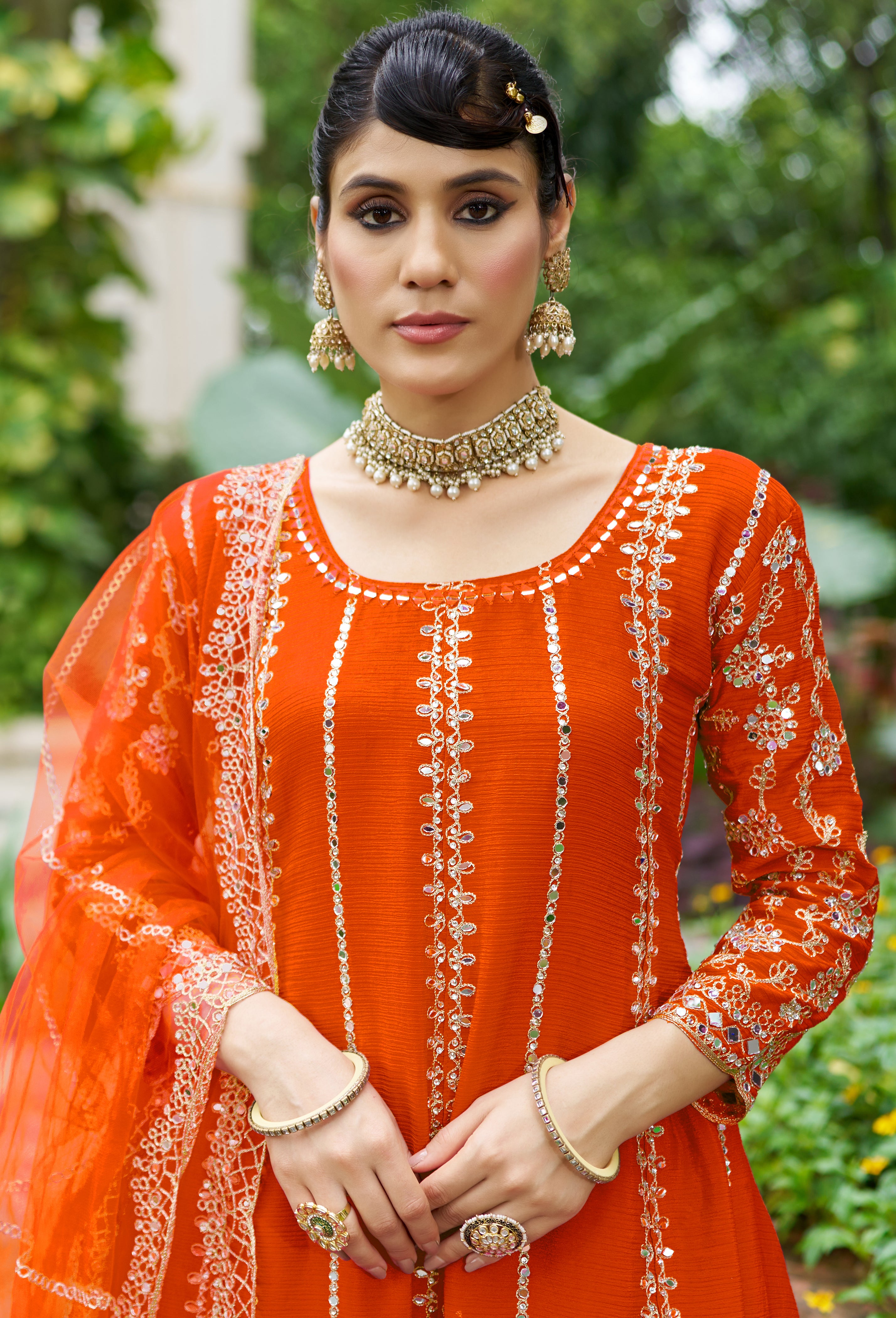 Orange Chinon Silk Salwar Suit With Real Mirror Work
