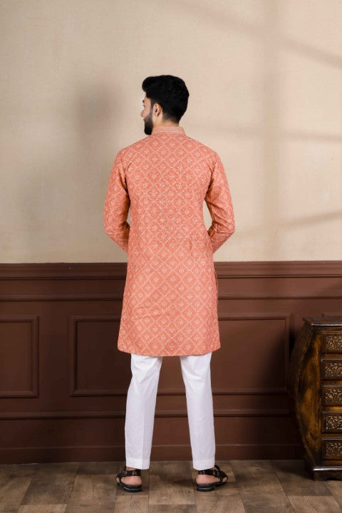 Orange Cotton Blend Kurta Pajama with Abstract Print