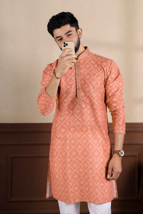 Orange Cotton Blend Kurta Pajama with Abstract Print