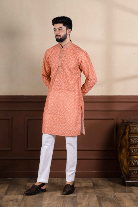 Orange Cotton Blend Kurta Pajama with Abstract Print