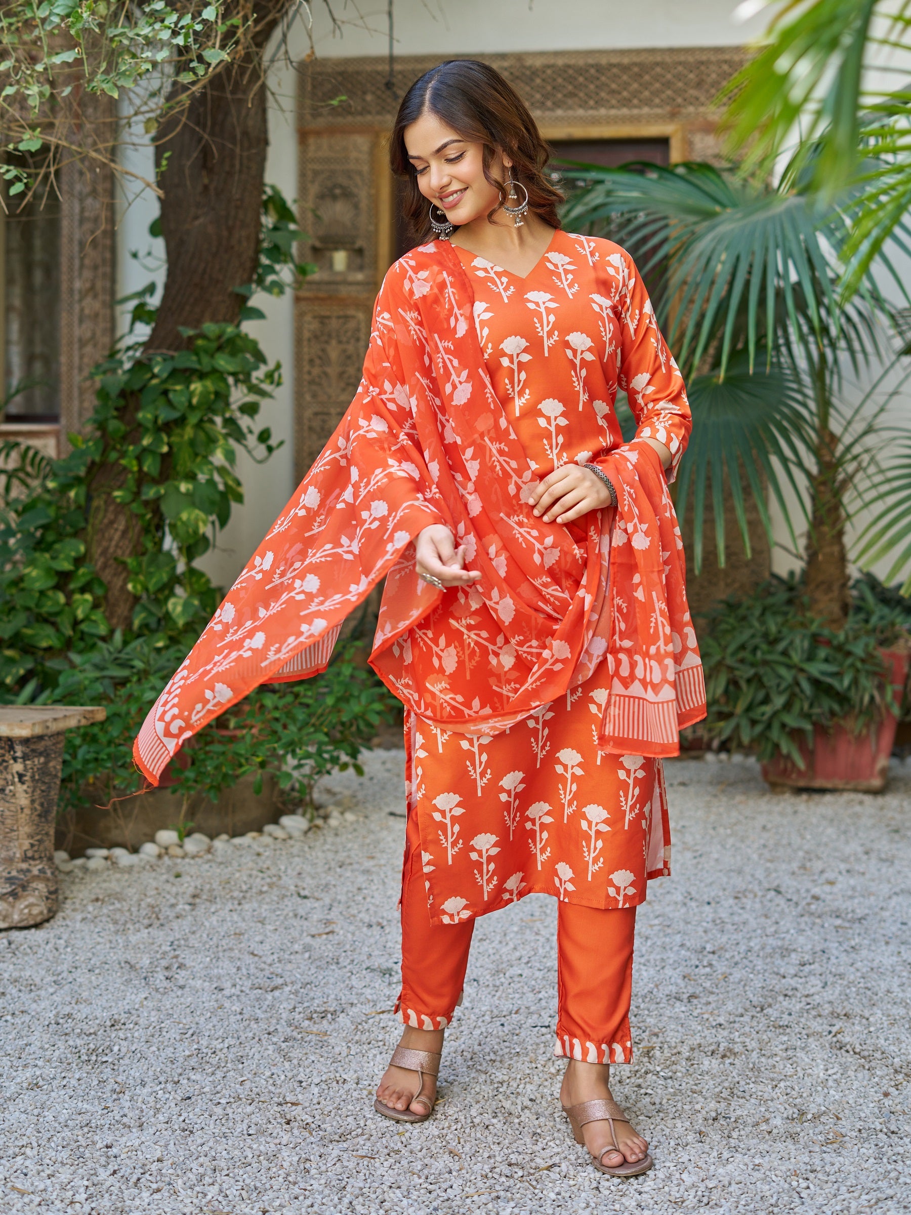 Orange Cotton Blend Kurta Pant Set  Printed