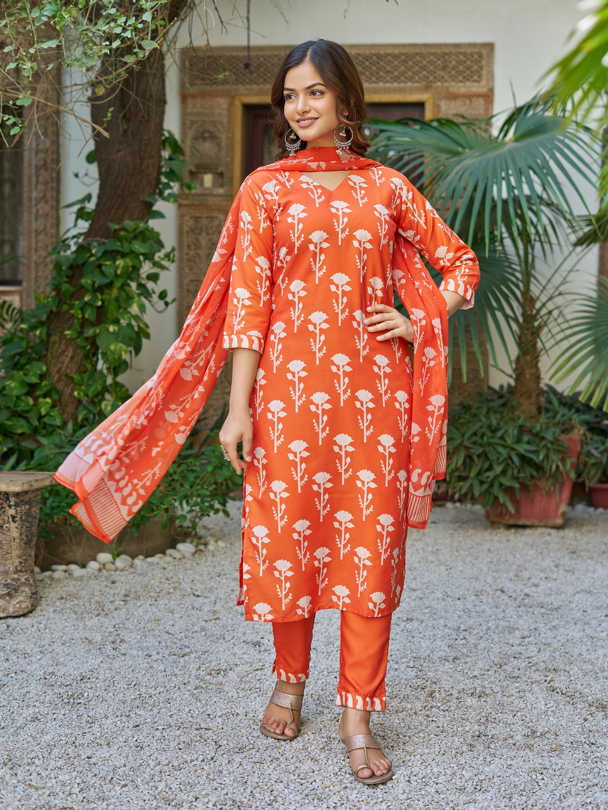 Orange Cotton Blend Kurta Pant Set  Printed