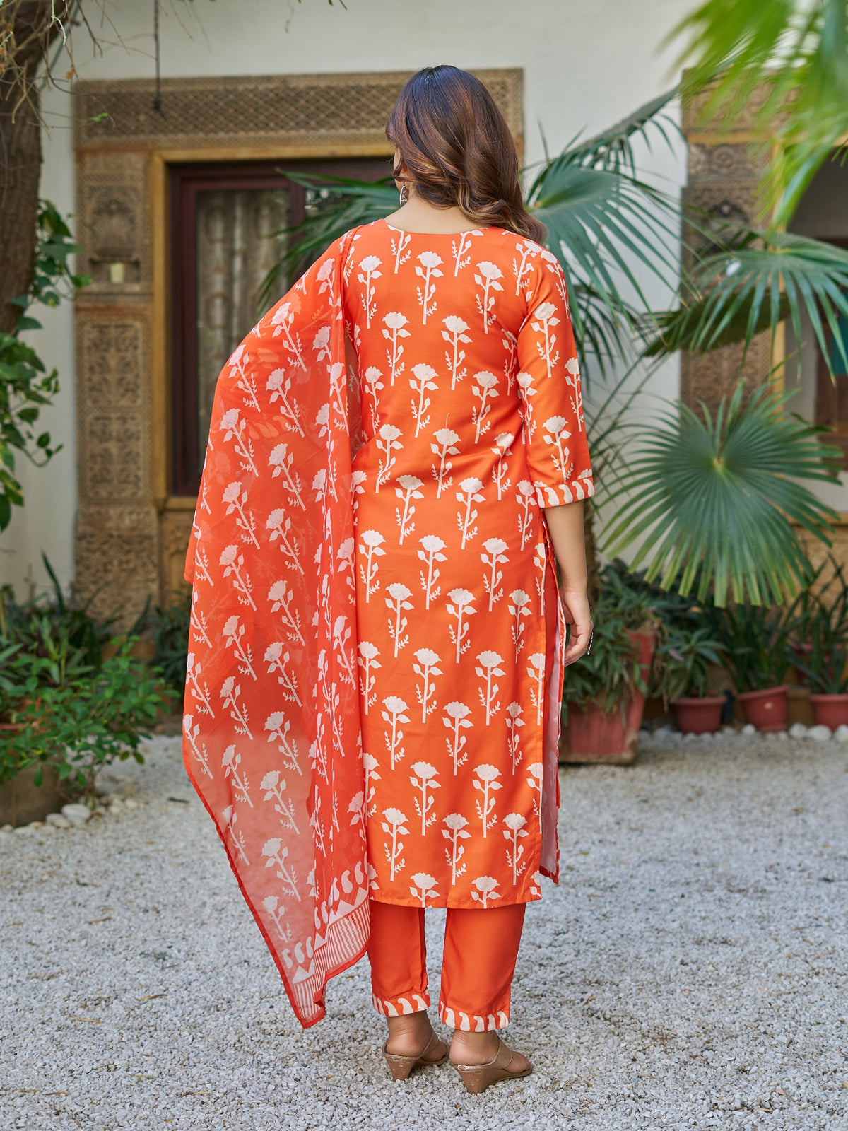 Orange Cotton Blend Kurta Pant Set  Printed