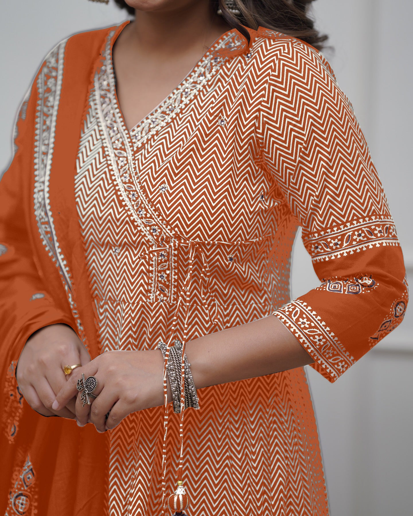 Orange Cotton Blend Kurta Pant with Print With Thread Embroidery Work