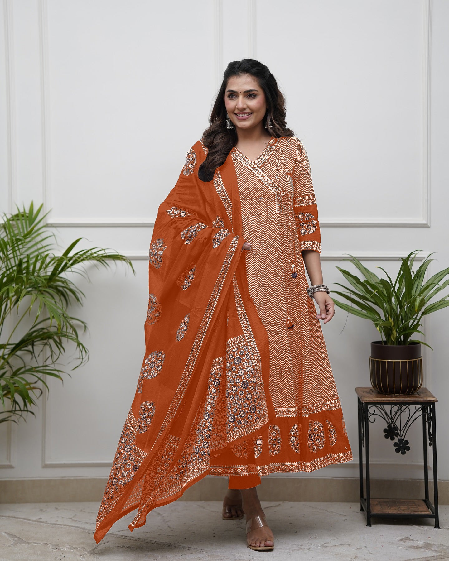 Orange Cotton Blend Kurta Pant with Print With Thread Embroidery Work