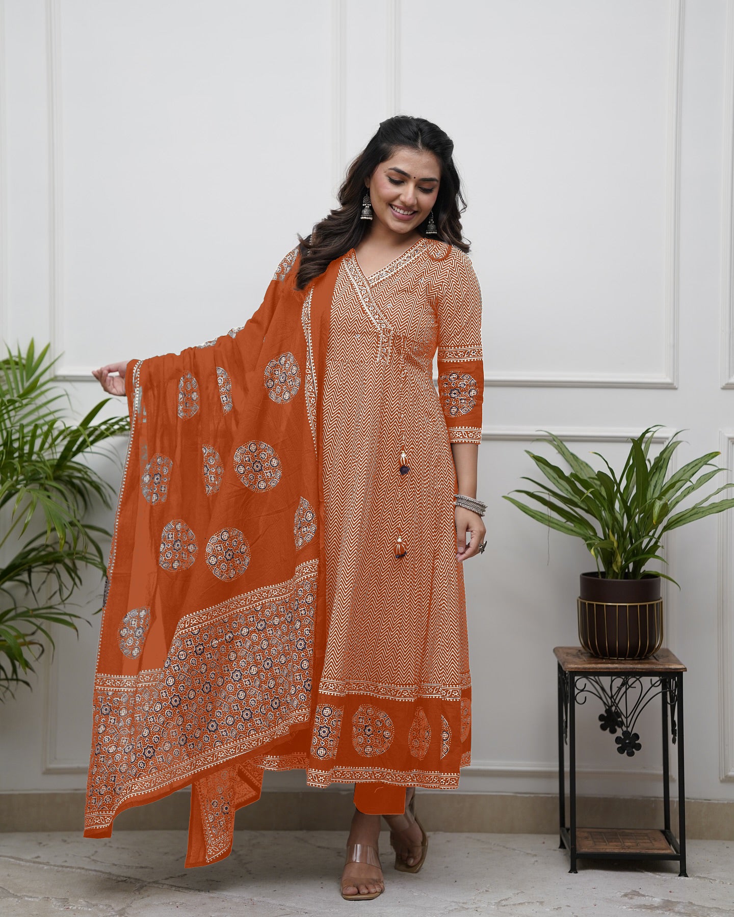 Orange Cotton Blend Kurta Pant with Print With Thread Embroidery Work