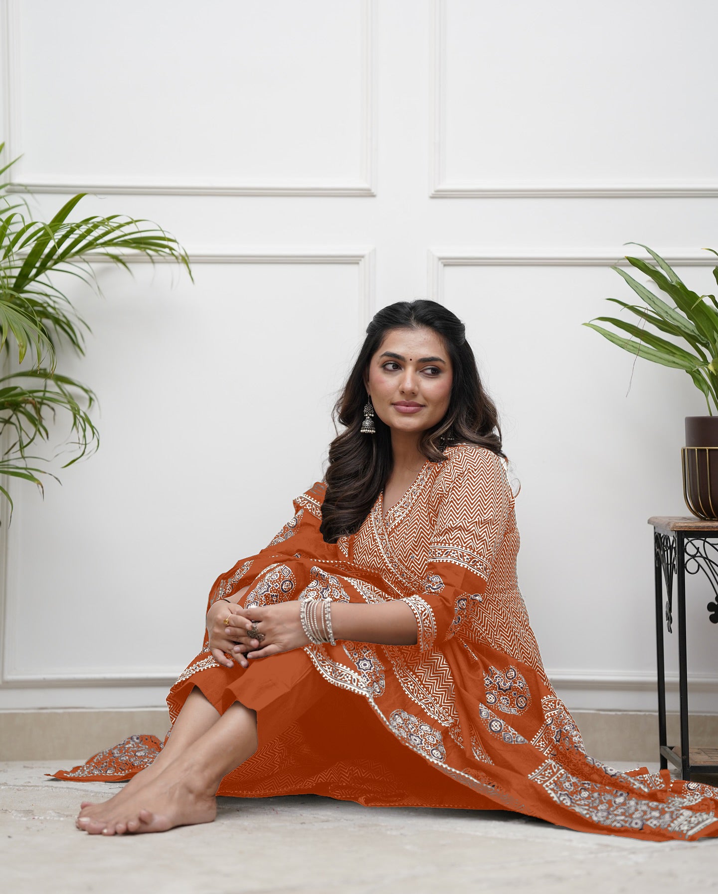 Orange Cotton Blend Kurta Pant with Print With Thread Embroidery Work