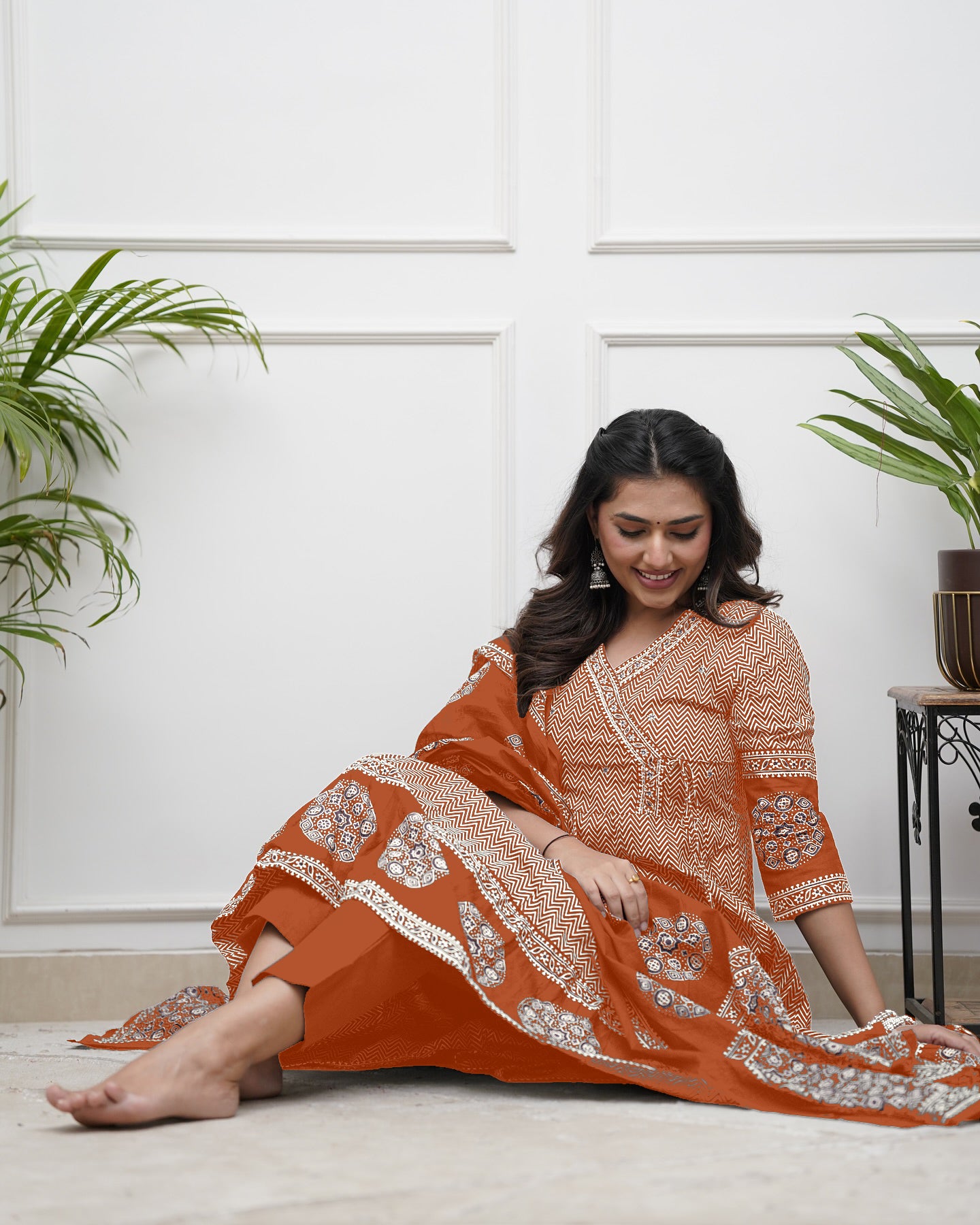 Orange Cotton Blend Kurta Pant with Print With Thread Embroidery Work