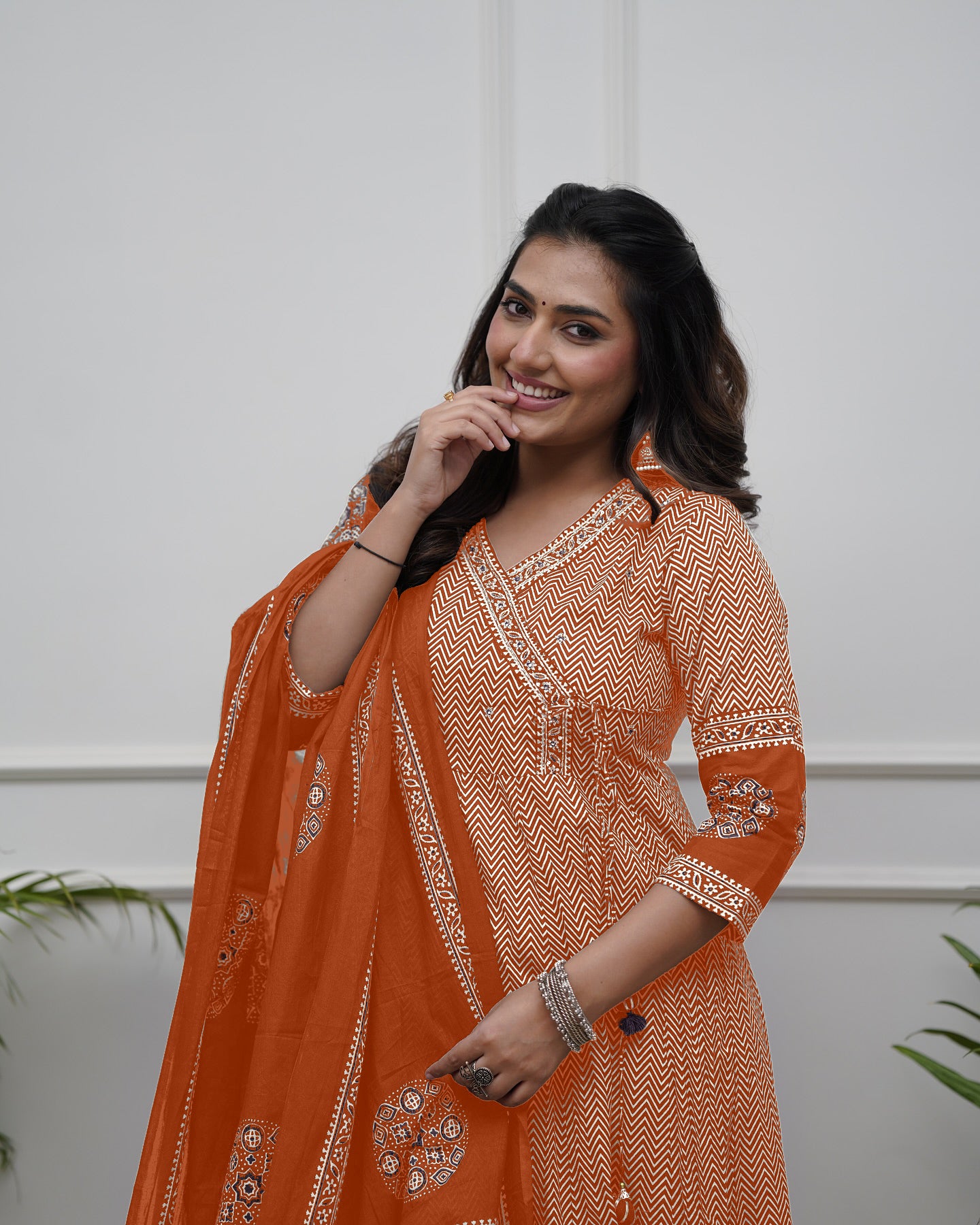 Orange Cotton Blend Kurta Pant with Print With Thread Embroidery Work