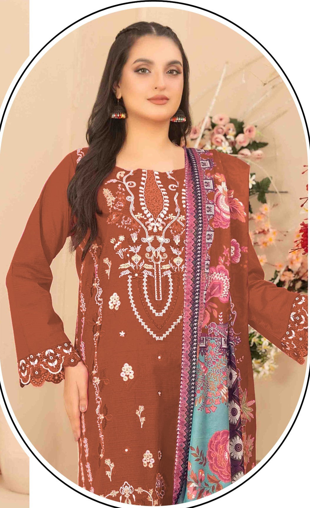 Orange Cotton Designer Suit Set With Elegant Embroidery
