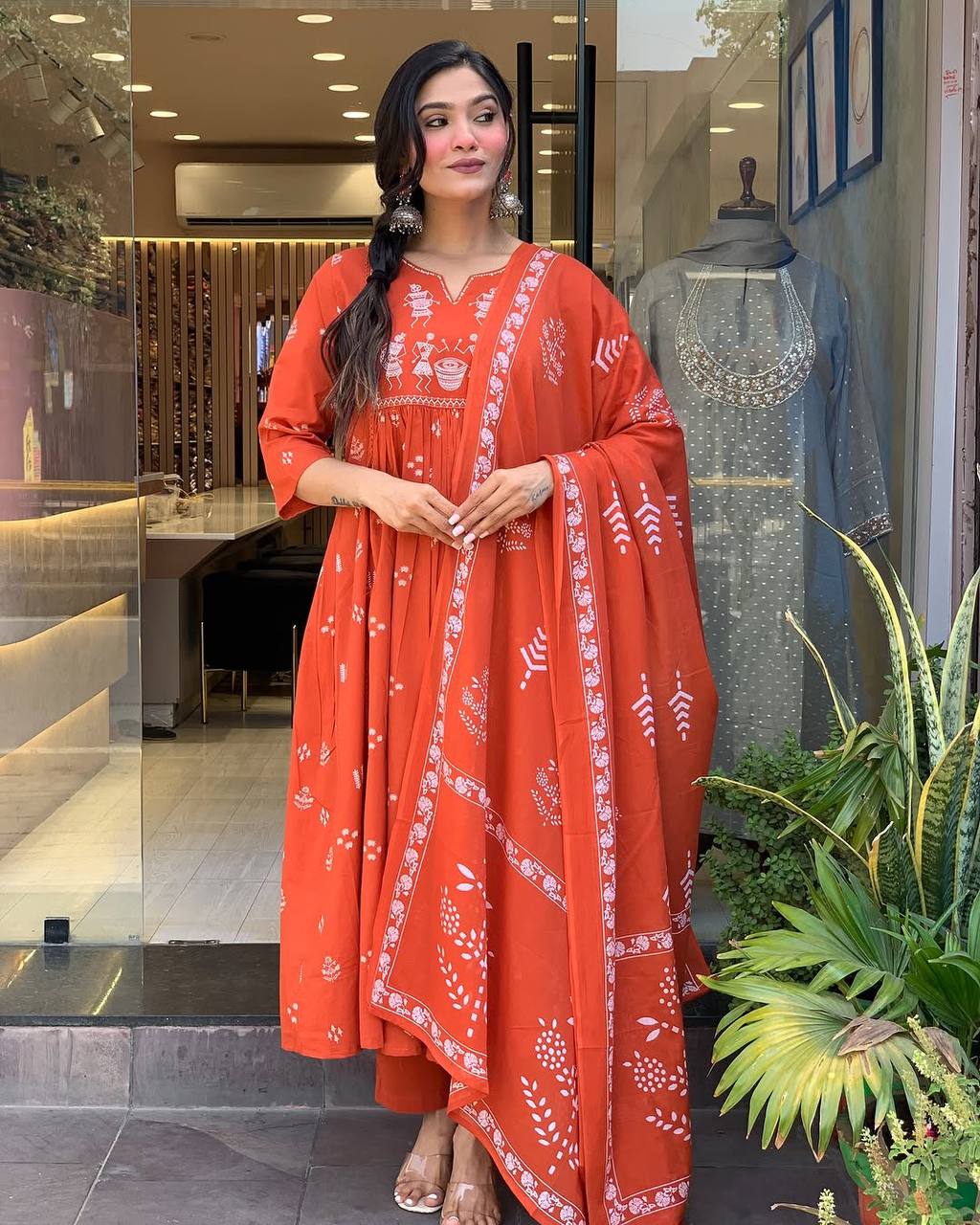 Orange Cotton Kurta Pant Set With Heavy Thread Embroidered Work With Printed Dupatta