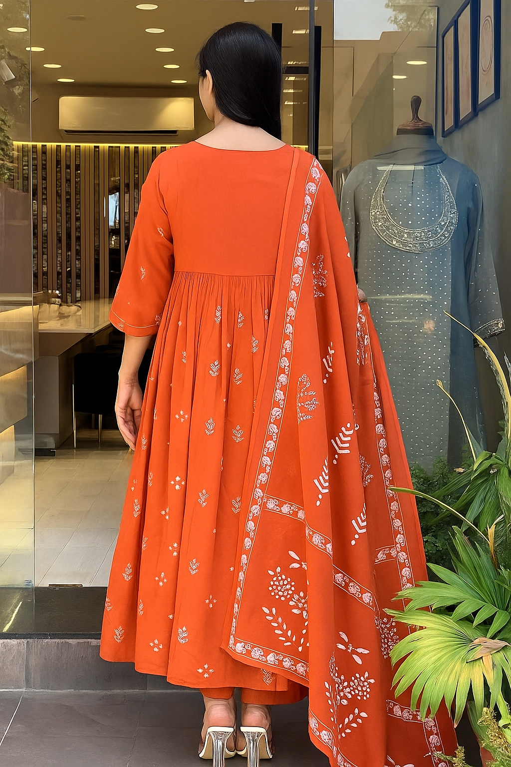 Orange Cotton Kurta Pant Set With Heavy Thread Embroidered Work With Printed Dupatta