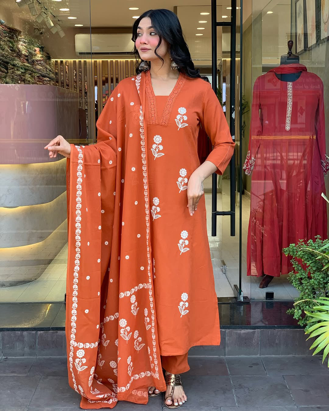 Orange Cotton Kurta Pant Set With Heavy Thread Embroidery Work