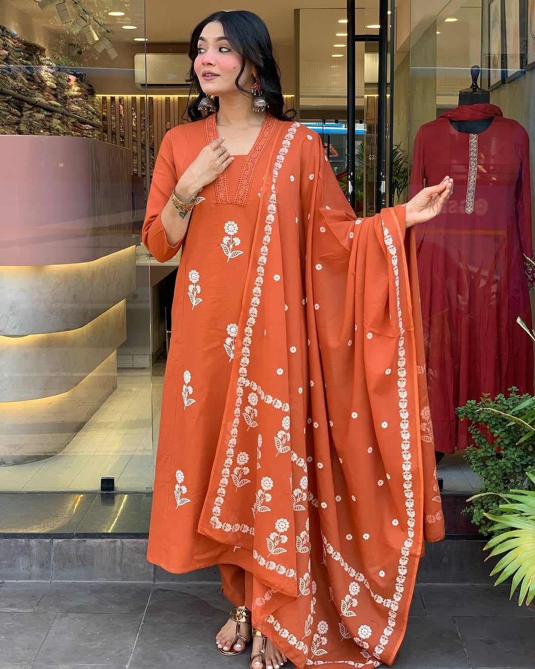 Orange Cotton Kurta Pant Set With Heavy Thread Embroidery Work