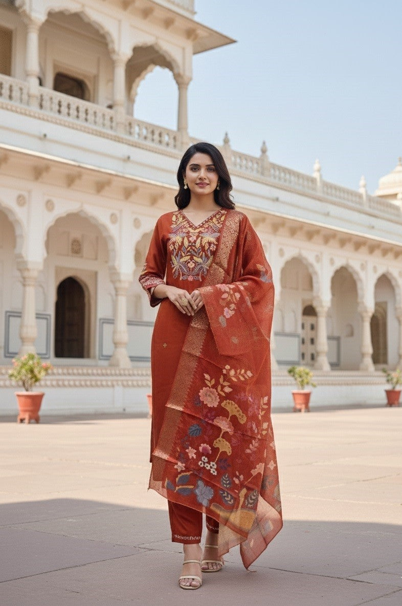 Orange Cotton Silk Designer Suit Set With Sequin Embroidery