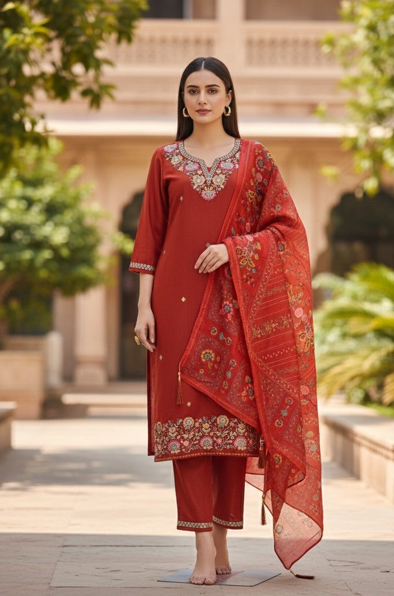 Orange Cotton Silk Designer Suit Set With Sequin Embroidery