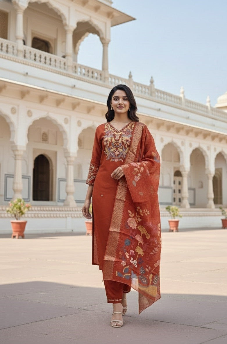 Orange Cotton Silk Designer Suit Set With Sequin Embroidery
