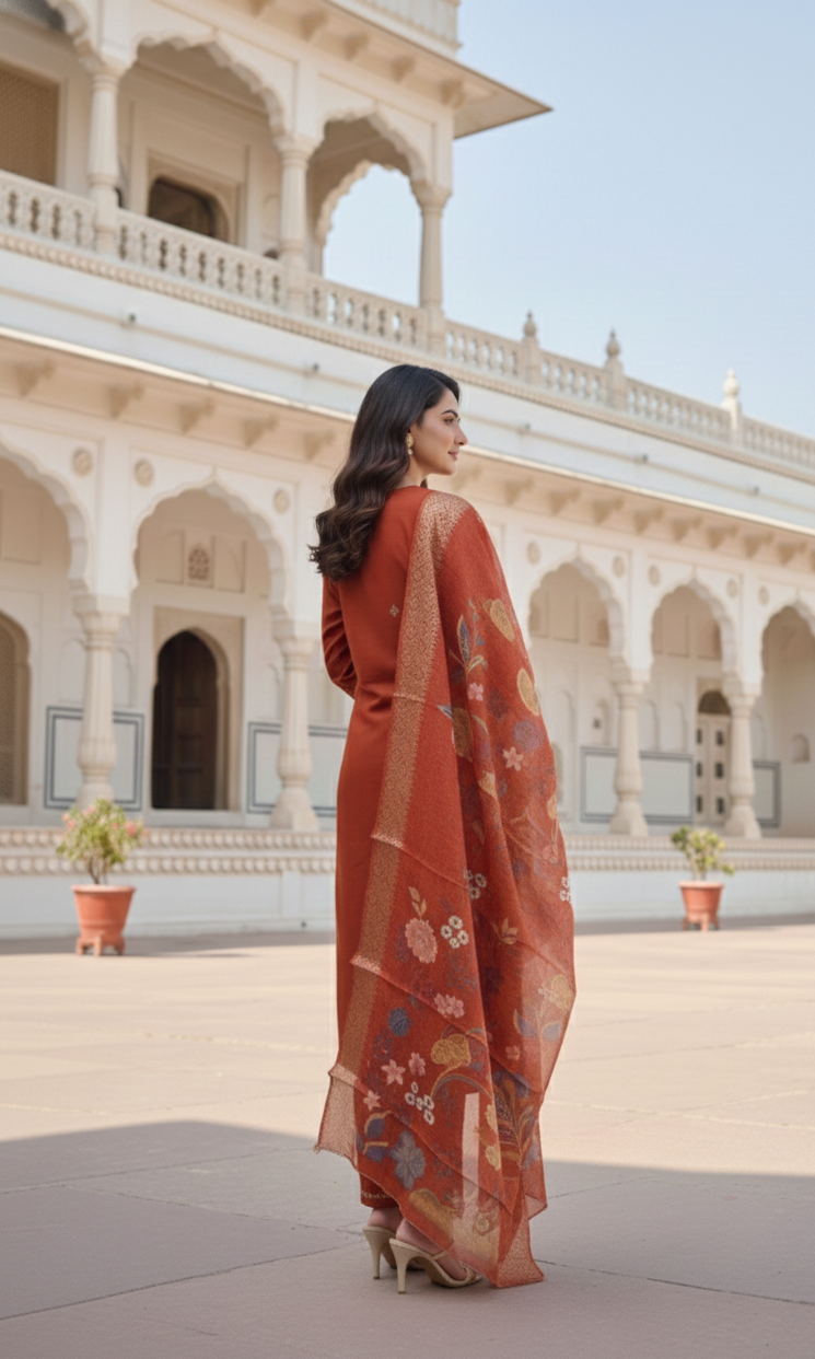 Orange Cotton Silk Designer Suit Set With Sequin Embroidery