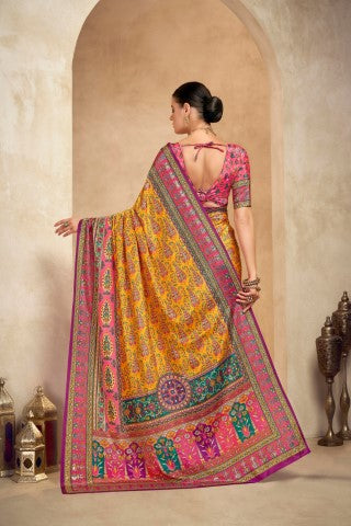 Orange Crepe Silk Position Digital Foil Printed Saree