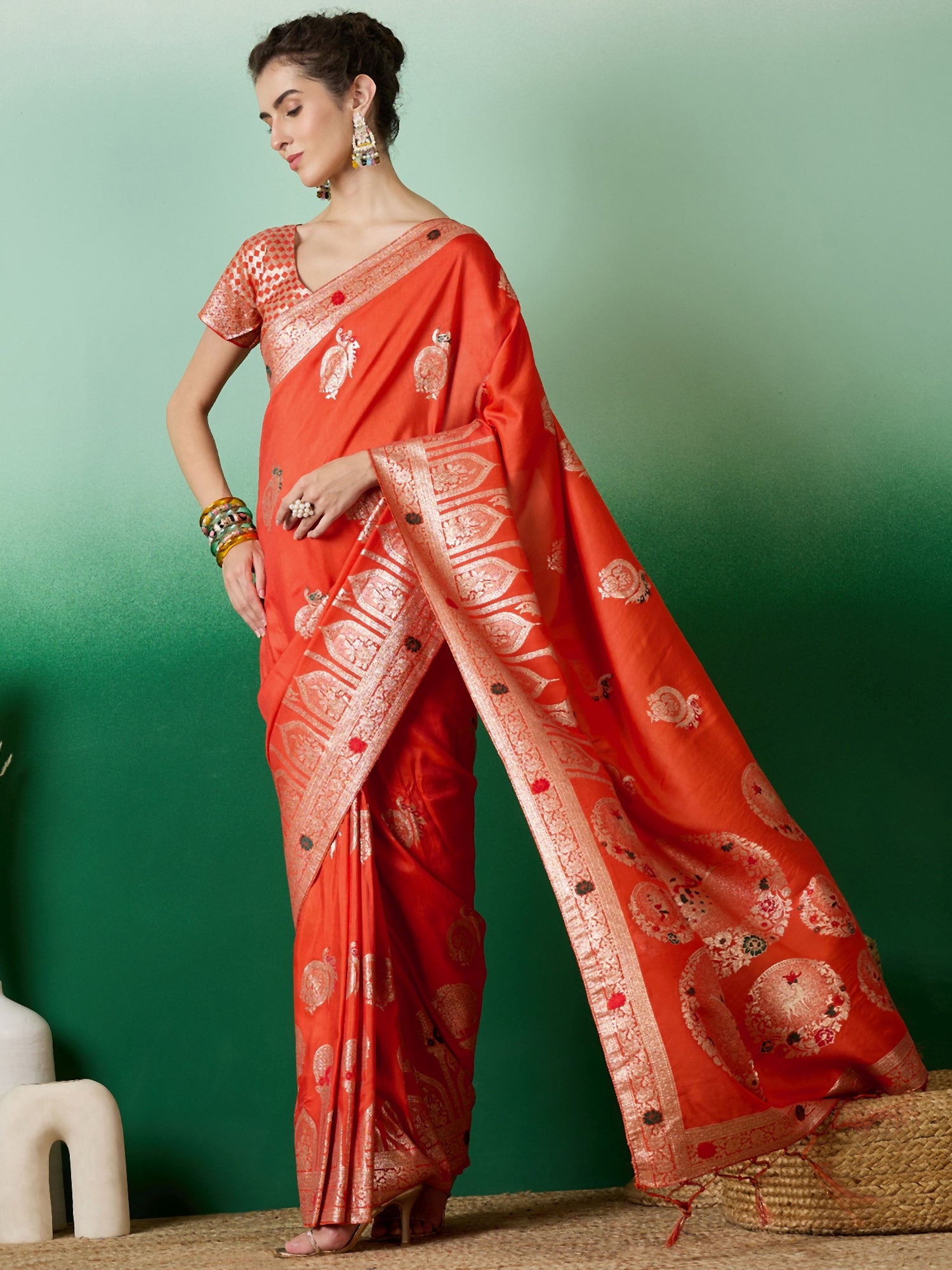 Orange Dolla Cotton Woven Meenakari Designer Ethnic Festive Saree
