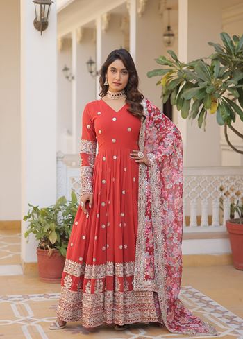 Orange Faux Georgette Suit With Embroidery Zari Sequins-work