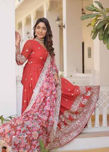 Orange Faux Georgette Suit With Embroidery Zari Sequins-work