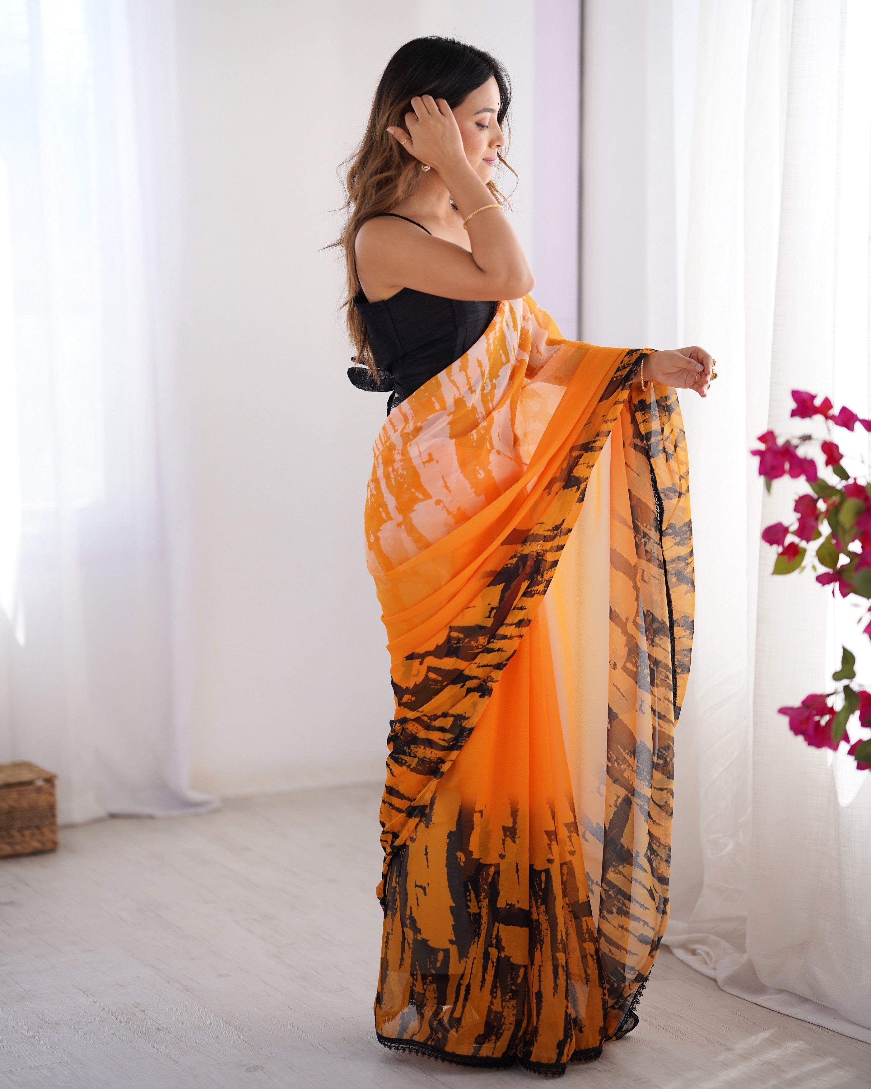 Orange Georgette Designer Printed Partywear Saree