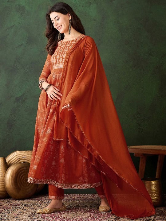 Orange Georgette Kurta Pant Set With Print With Thread Embroidery Work