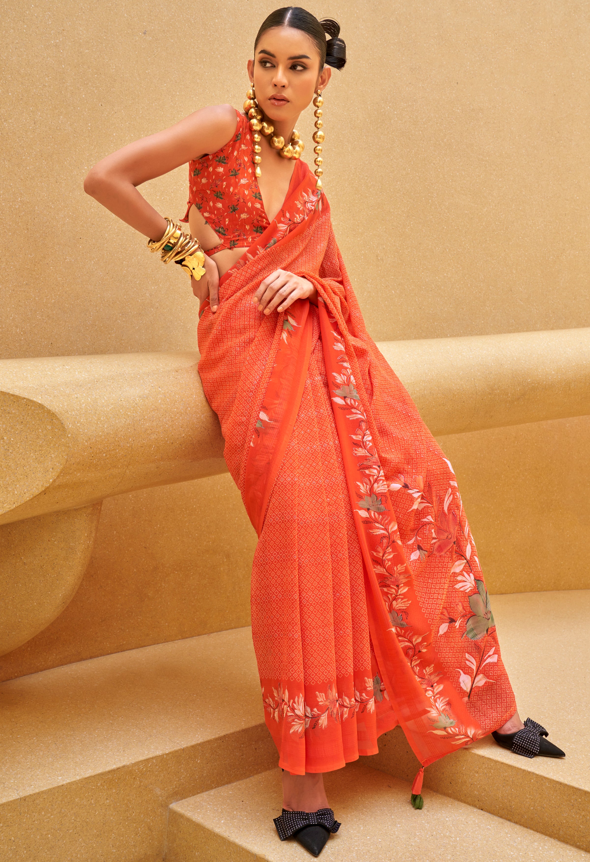 Orange Georgette Printed Saree