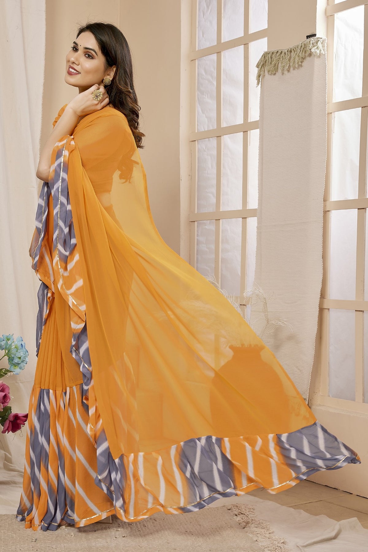 Orange Georgette Ruffle Saree